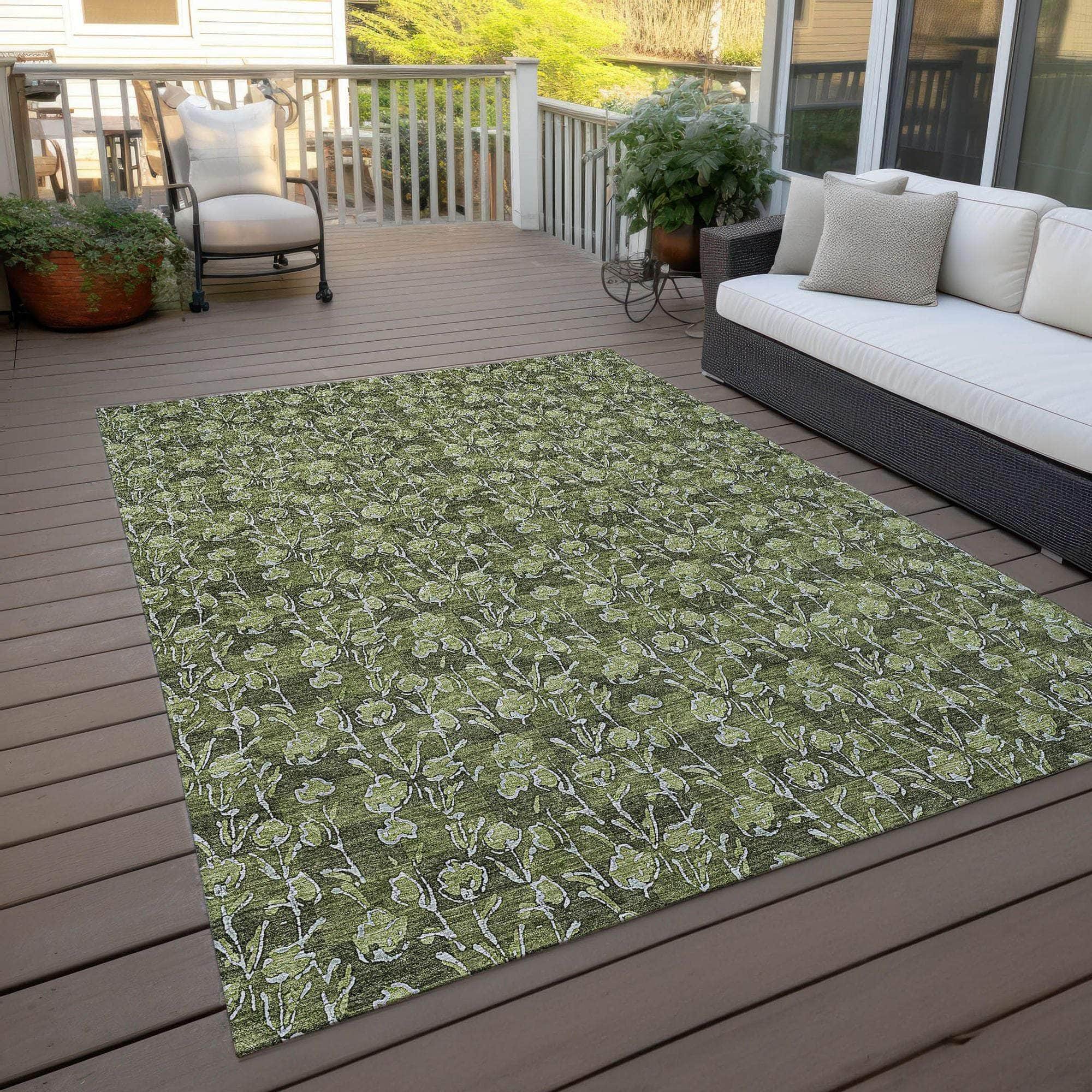 Machine Washable Olive Green Rug - Indoor / Outdoor - Kids / Pet Friendly Floral Print Rug