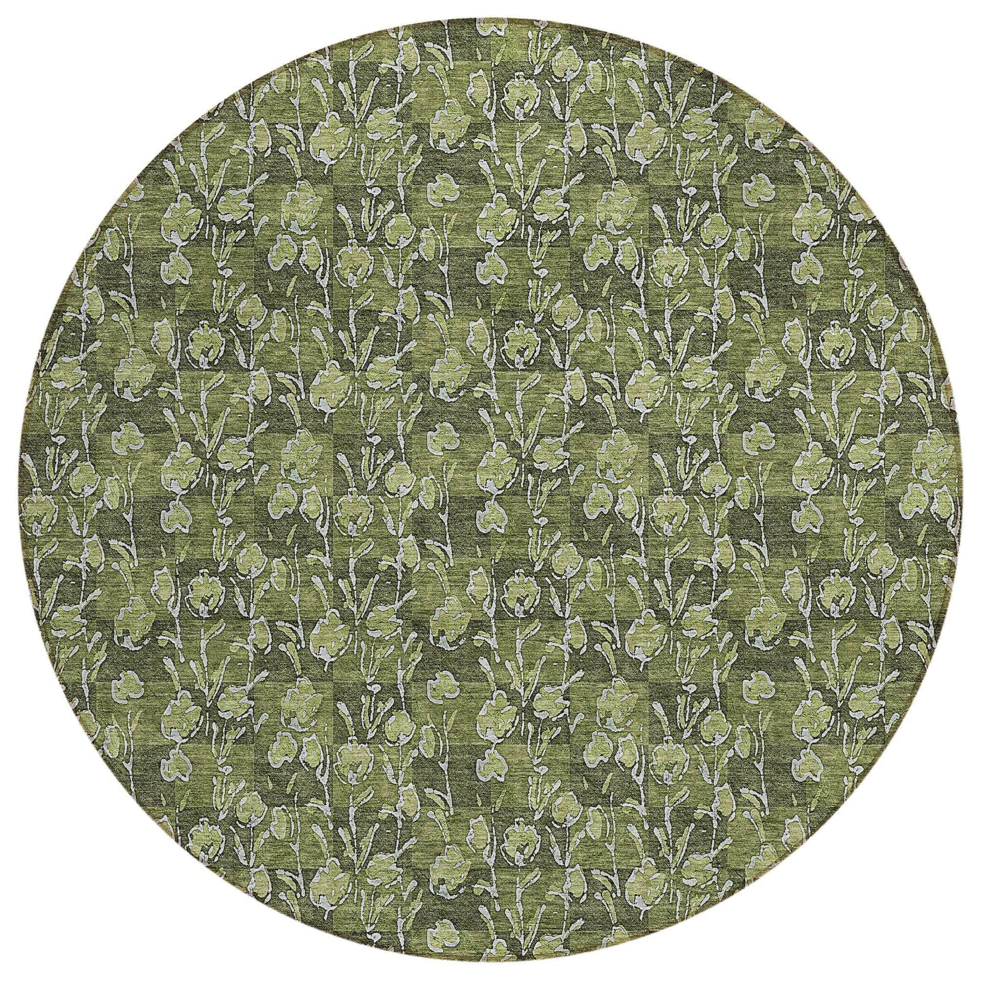 Machine Washable Olive Green Rug - Indoor / Outdoor - Kids / Pet Friendly Floral Print Rug
