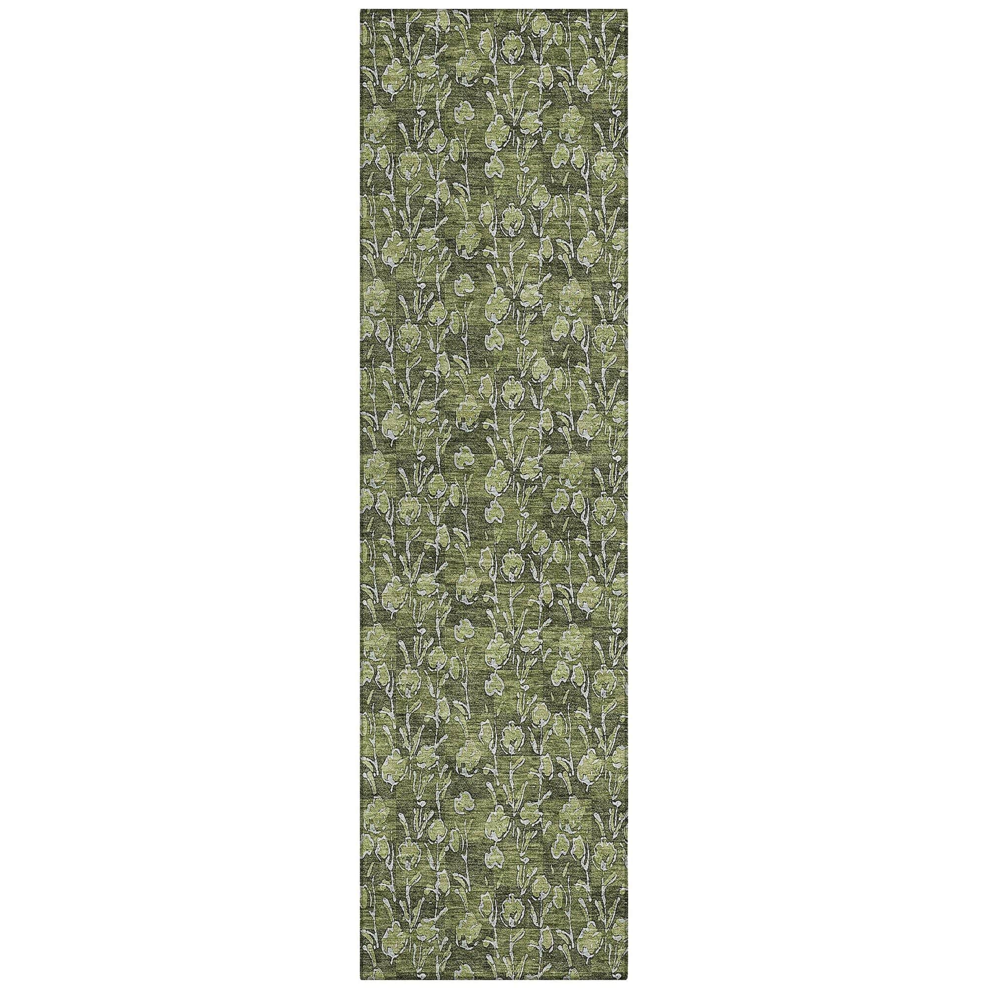 Machine Washable Olive Green Rug - Indoor / Outdoor - Kids / Pet Friendly Floral Print Rug