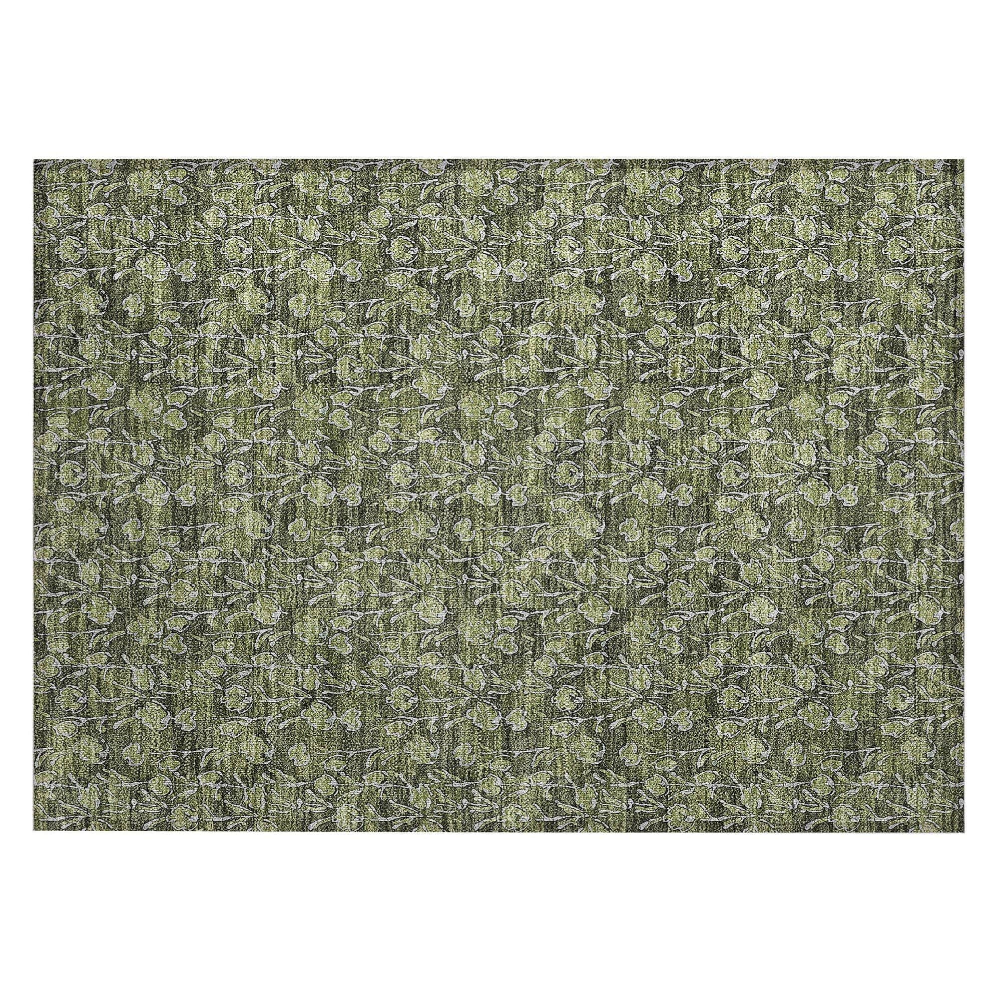 Machine Washable Olive Green Rug - Indoor / Outdoor - Kids / Pet Friendly Floral Print Rug