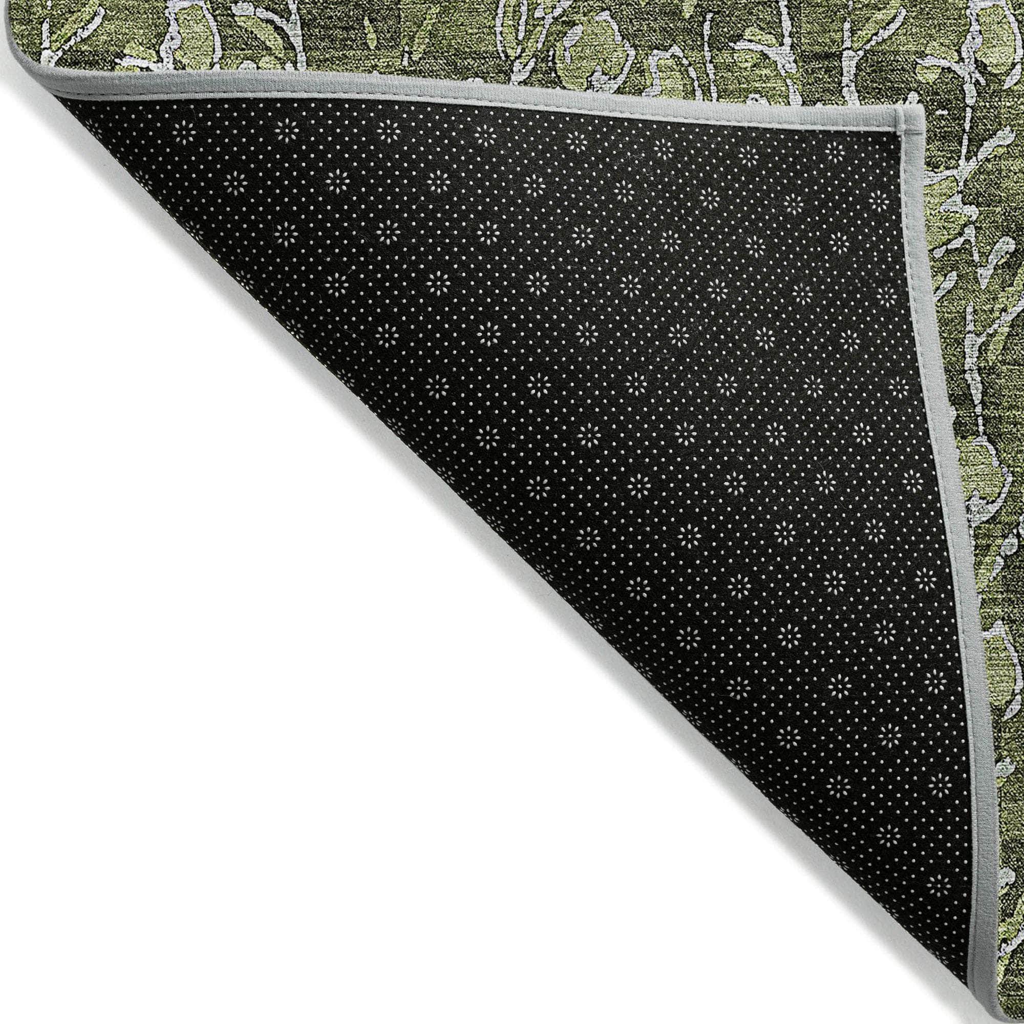 Machine Washable Olive Green Rug - Indoor / Outdoor - Kids / Pet Friendly Floral Print Rug