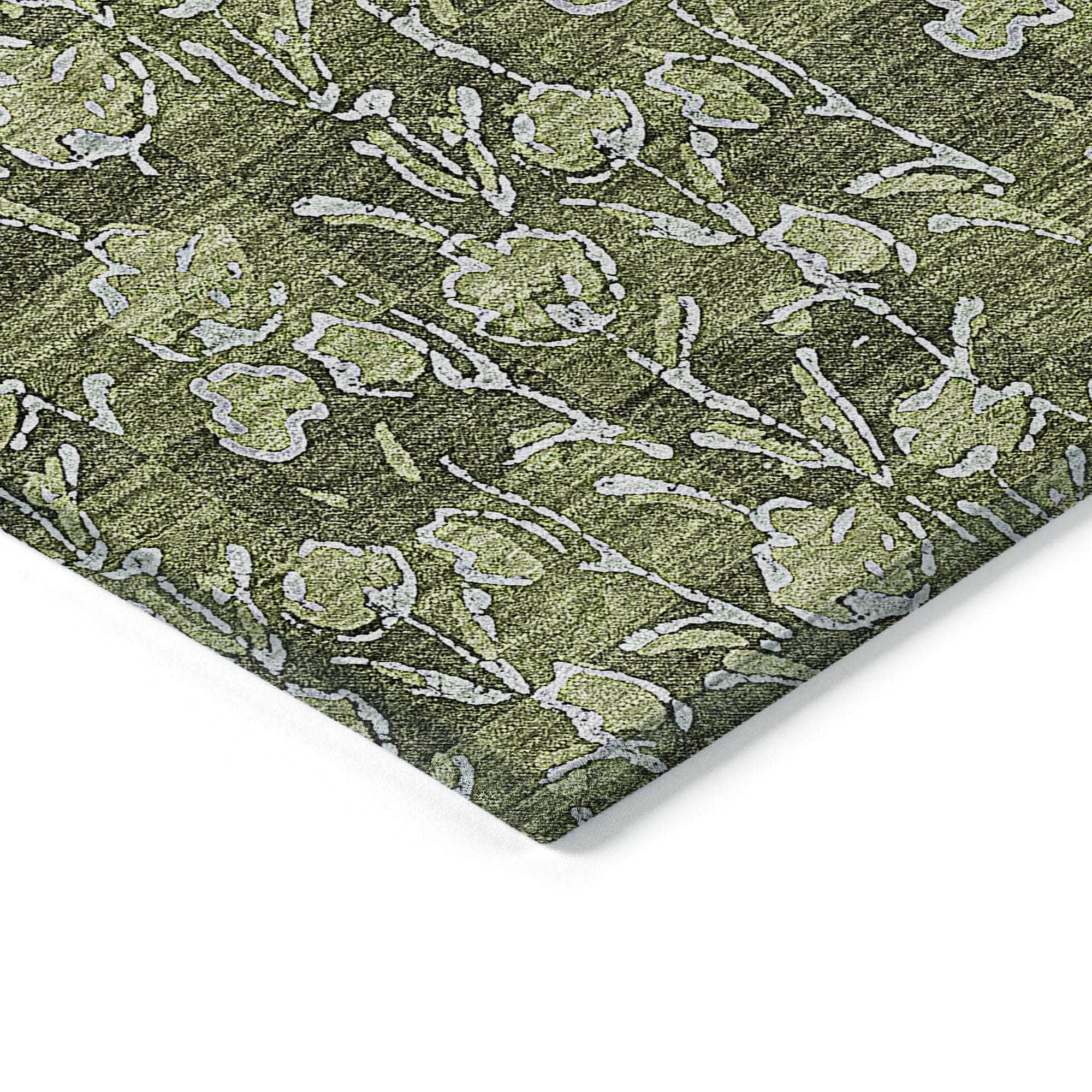 Machine Washable Olive Green Rug - Indoor / Outdoor - Kids / Pet Friendly Floral Print Rug