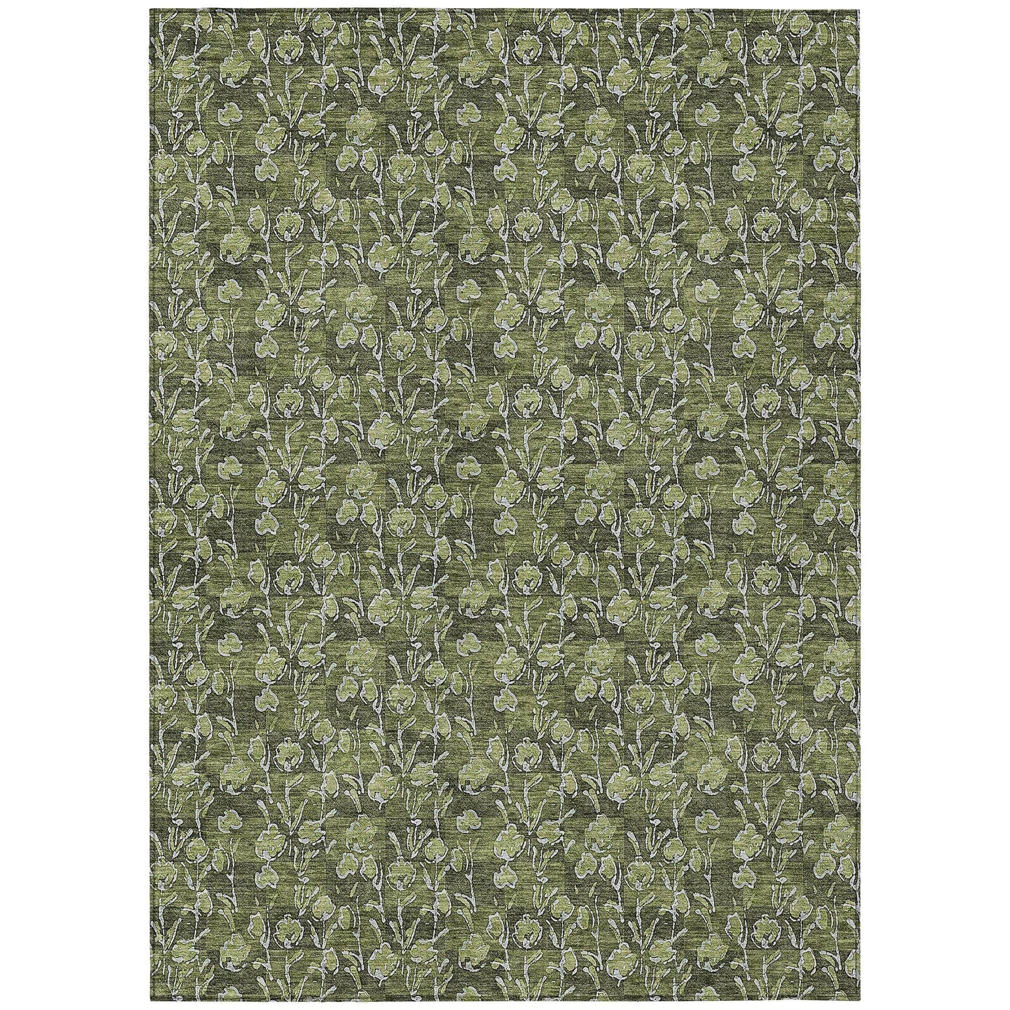 Machine Washable Olive Green Rug - Indoor / Outdoor - Kids / Pet Friendly Floral Print Rug