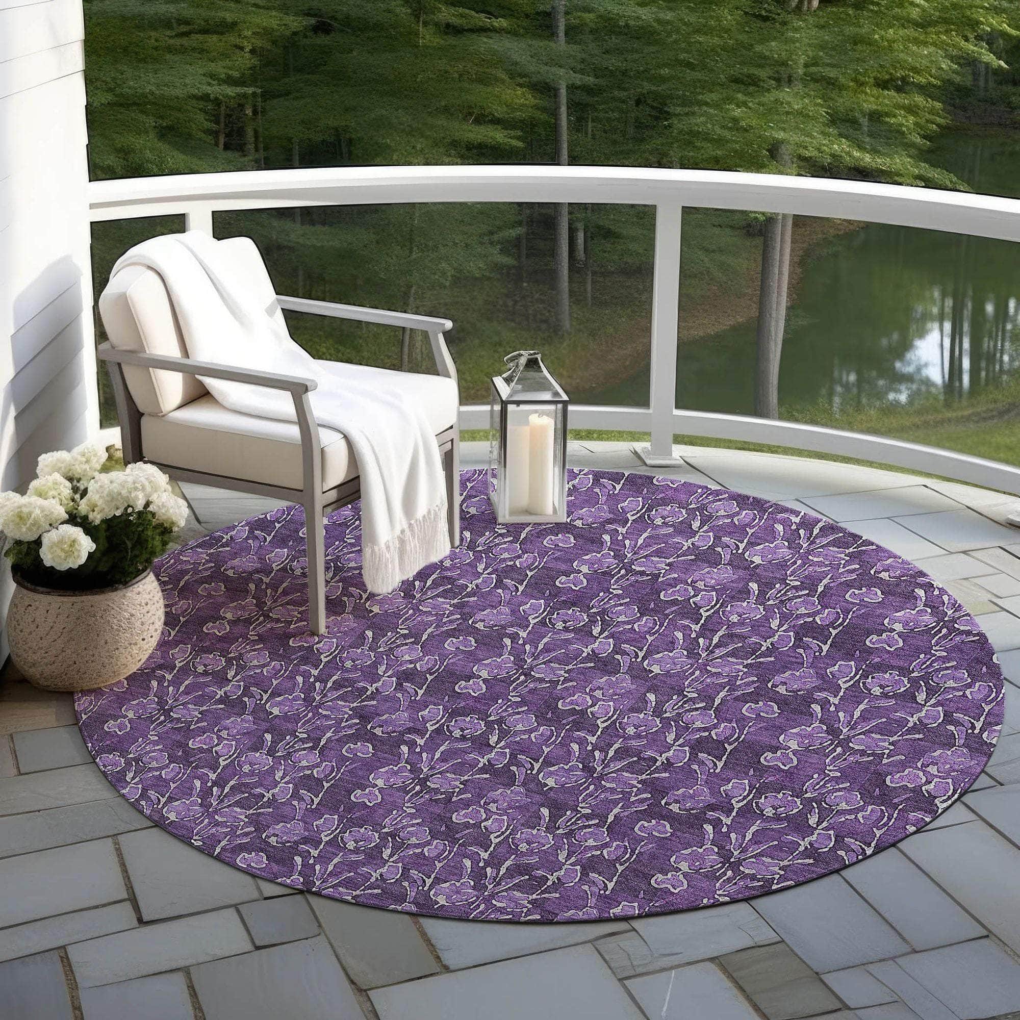 Machine Washable Purple Rug - Indoor / Outdoor - Kids / Pet Friendly Floral Print Rug