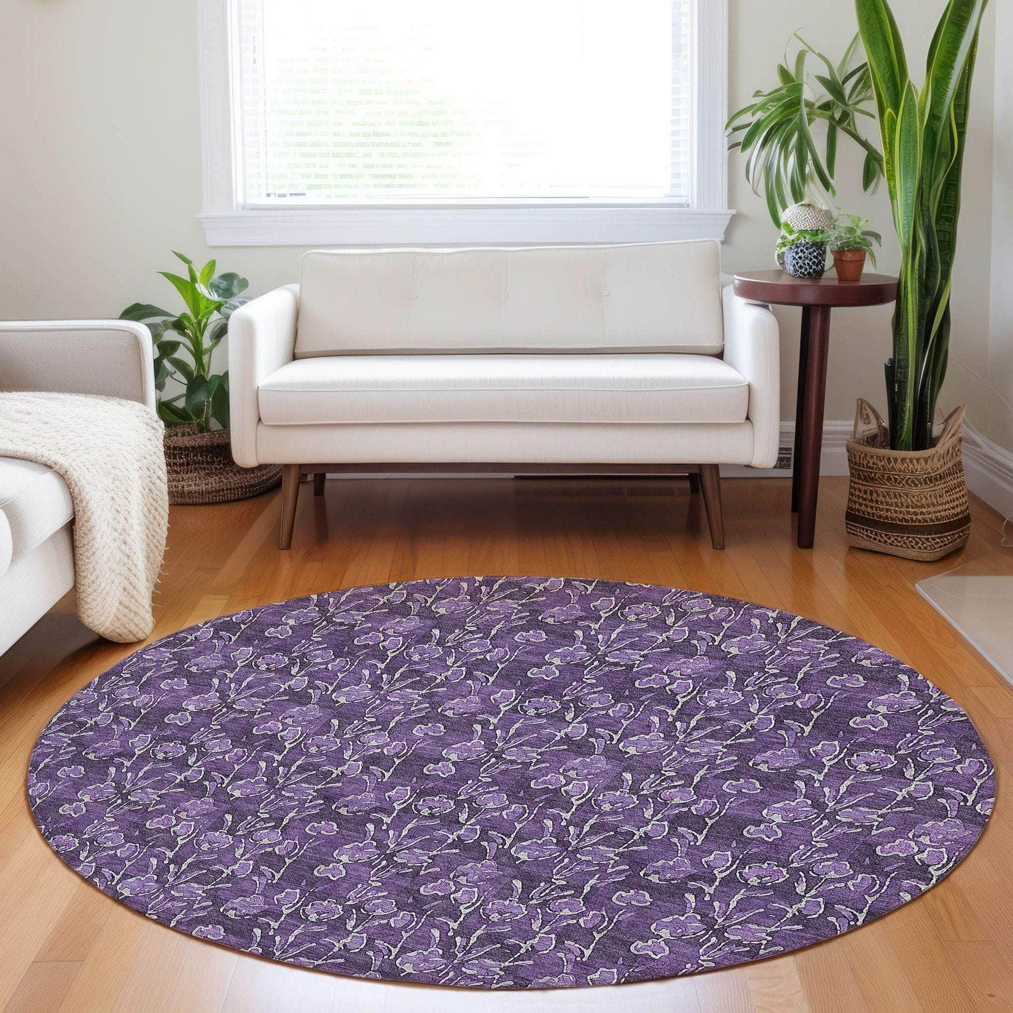 Machine Washable Purple Rug - Indoor / Outdoor - Kids / Pet Friendly Floral Print Rug