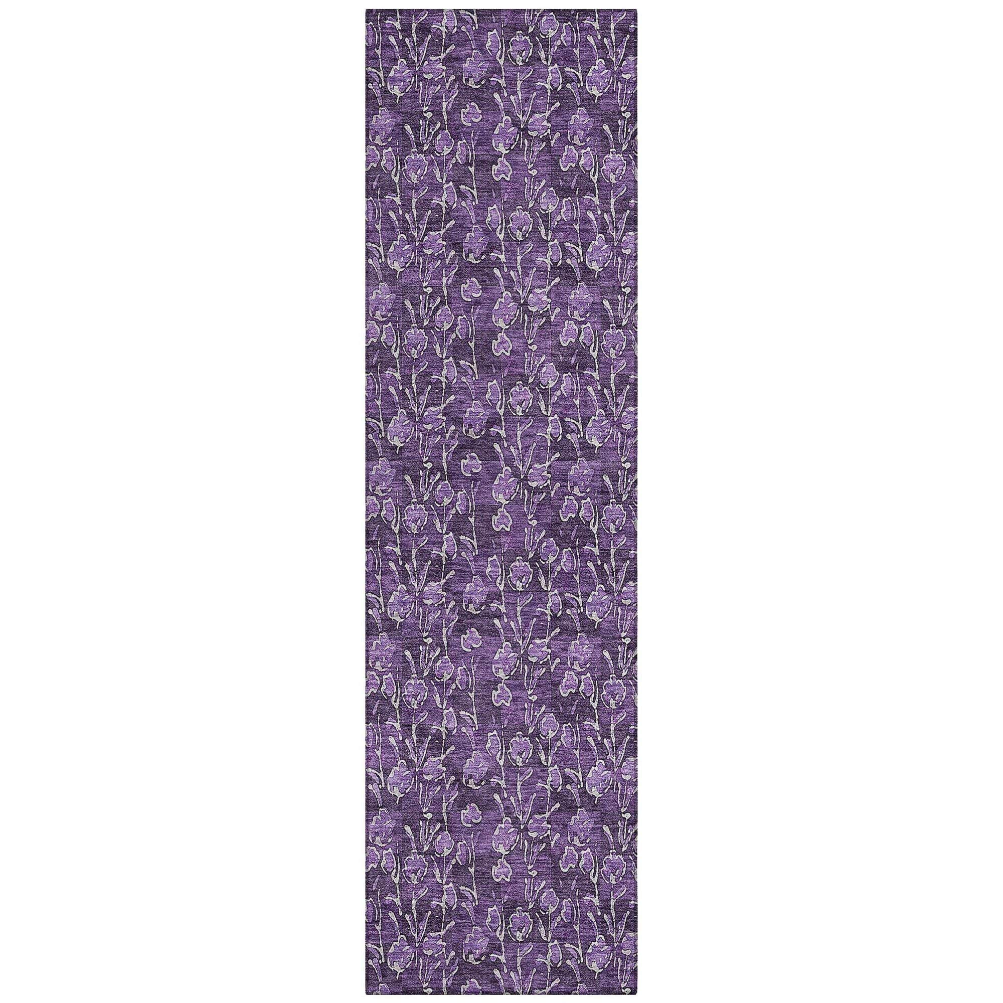 Machine Washable Purple Rug - Indoor / Outdoor - Kids / Pet Friendly Floral Print Rug