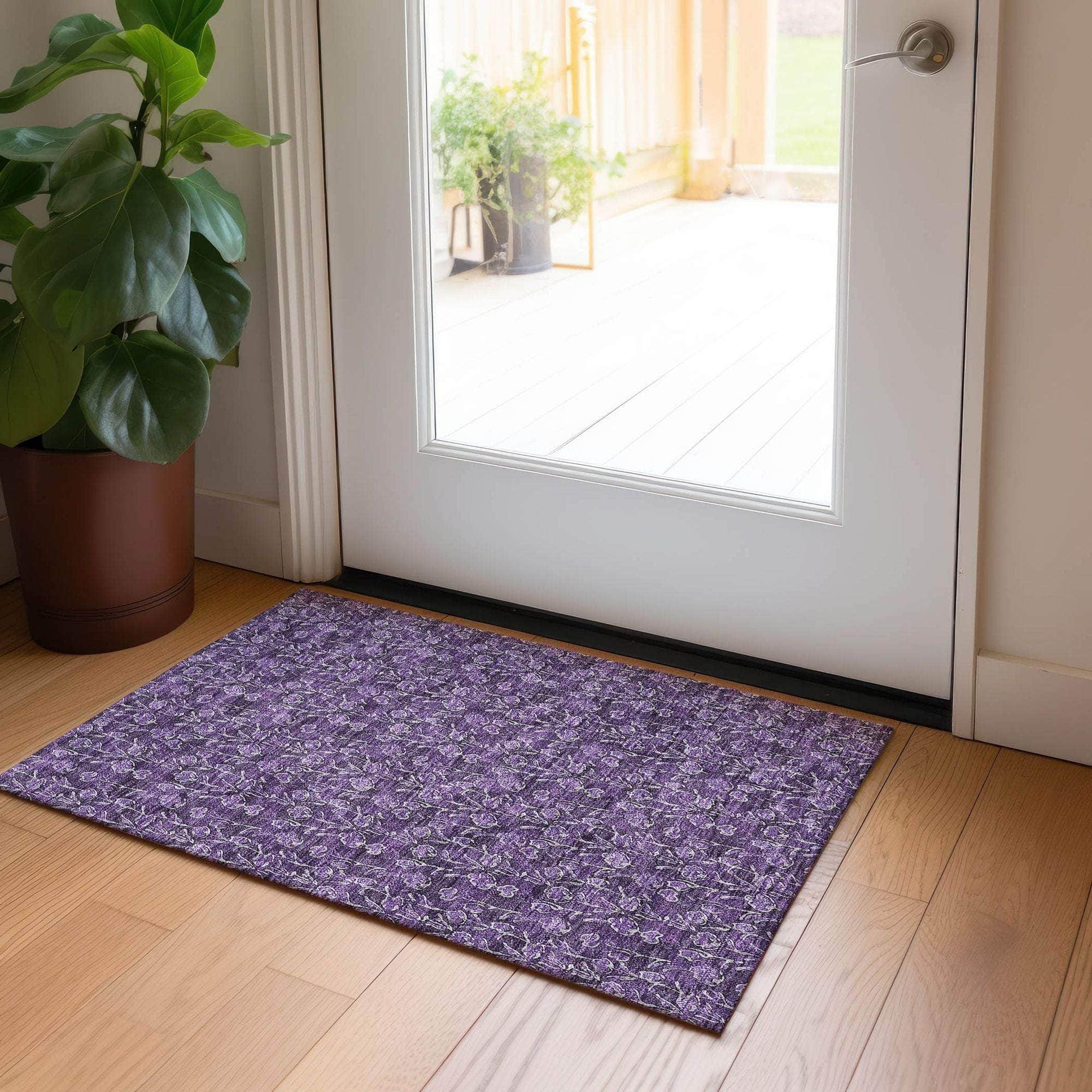 Machine Washable Purple Rug - Indoor / Outdoor - Kids / Pet Friendly Floral Print Rug