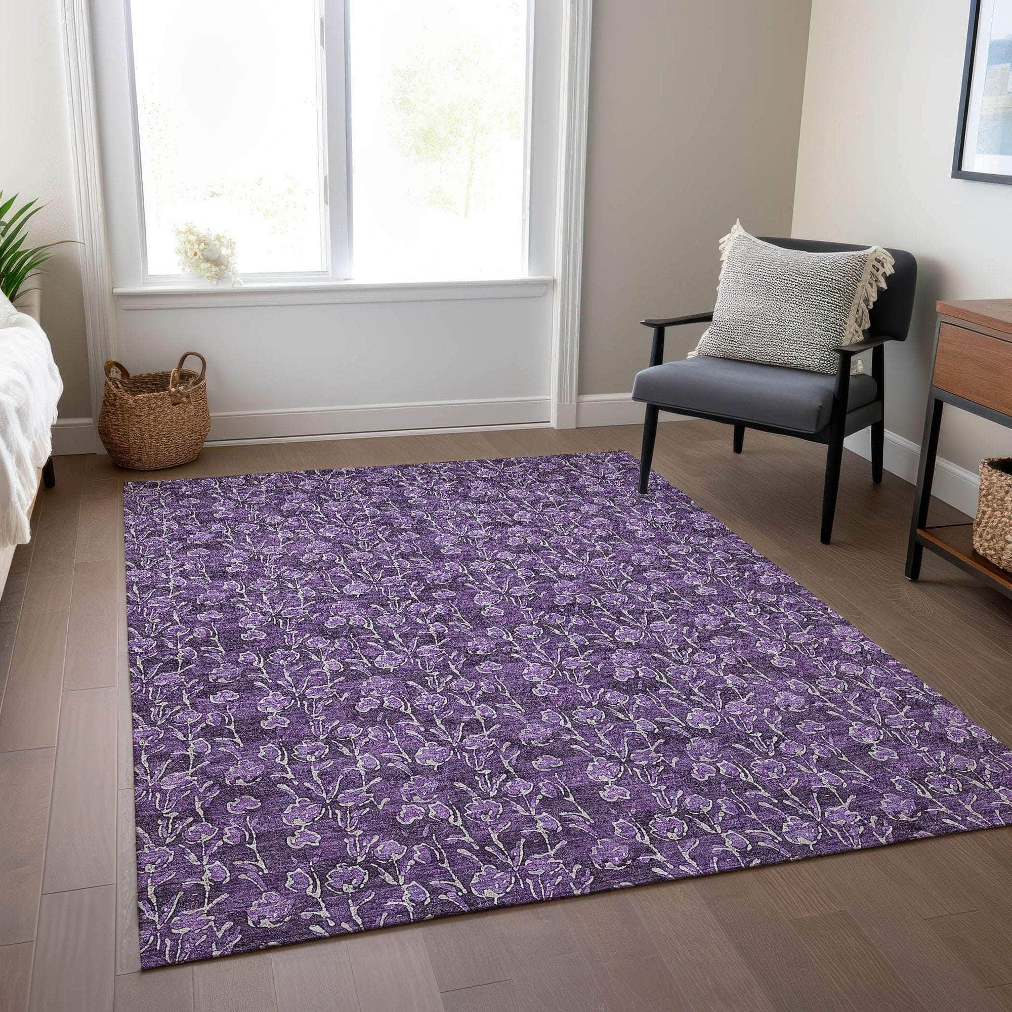 Machine Washable Purple Rug - Indoor / Outdoor - Kids / Pet Friendly Floral Print Rug