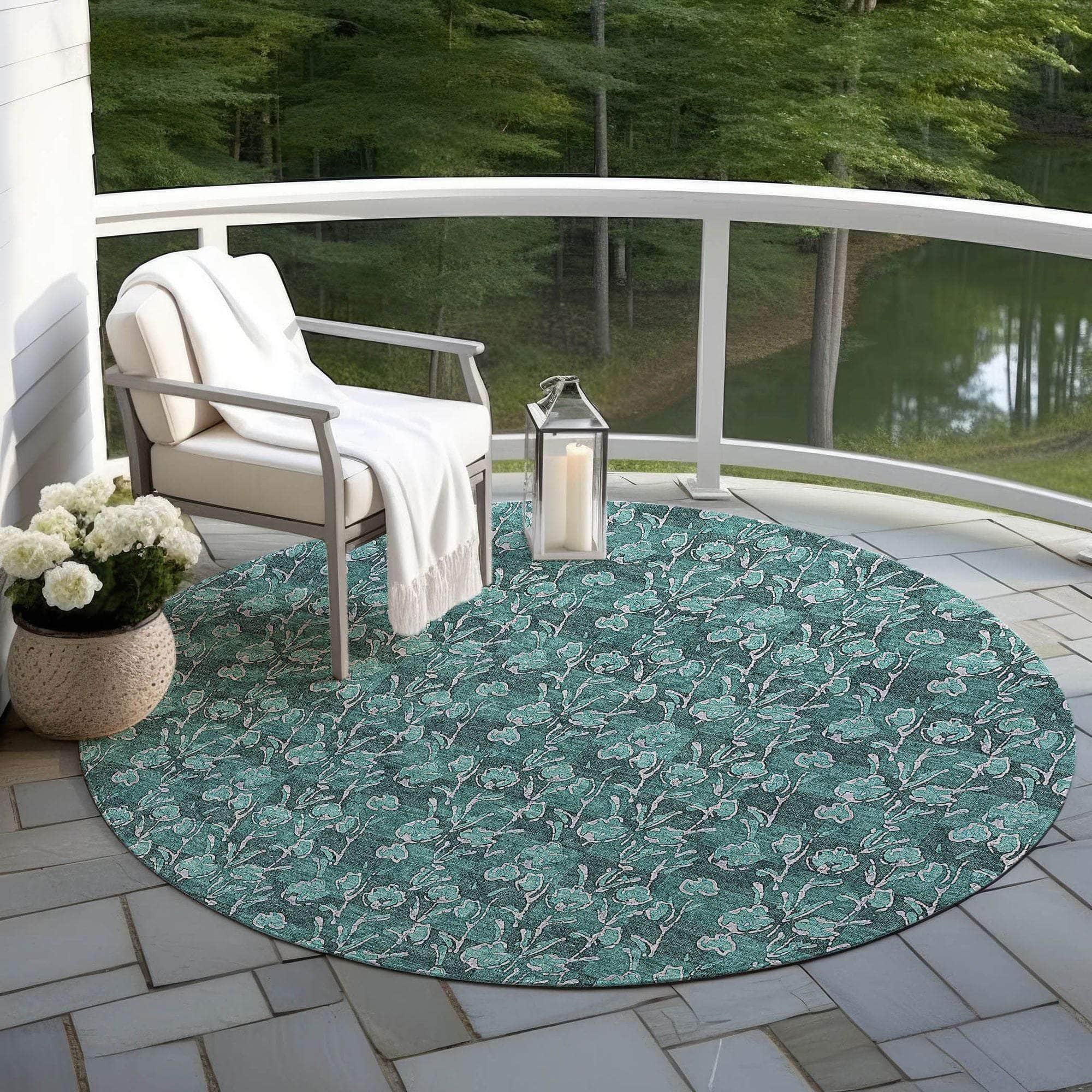 Machine Washable Teal Rug - Indoor / Outdoor - Kids / Pet Friendly Floral Print Rug