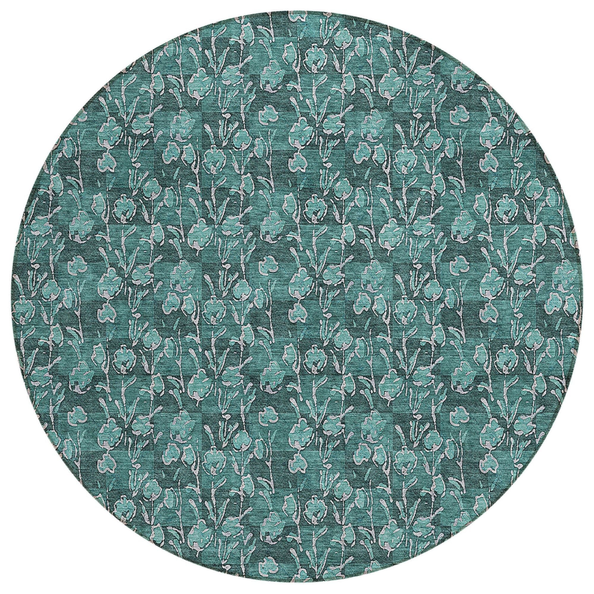 Machine Washable Teal Rug - Indoor / Outdoor - Kids / Pet Friendly Floral Print Rug