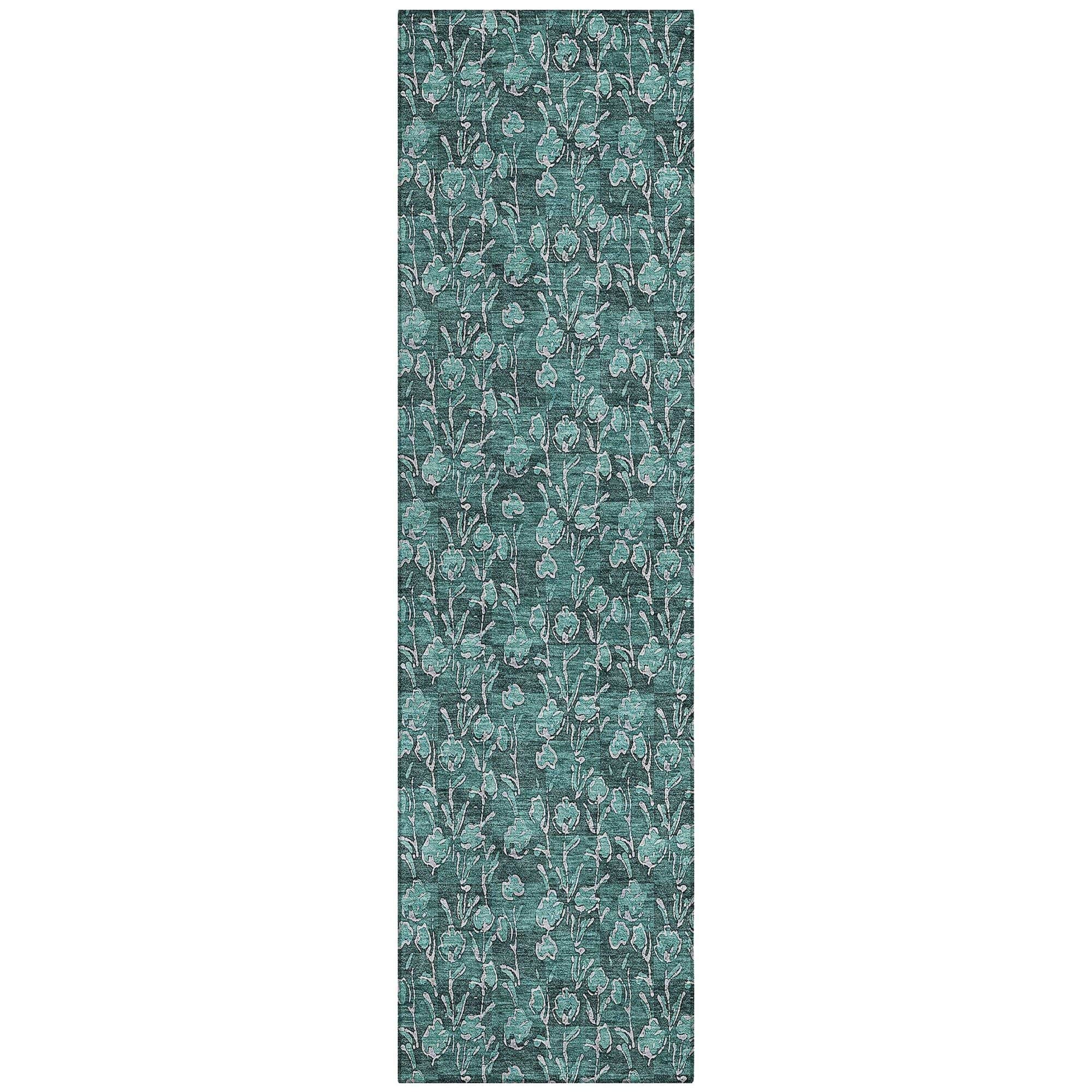 Machine Washable Teal Rug - Indoor / Outdoor - Kids / Pet Friendly Floral Print Rug