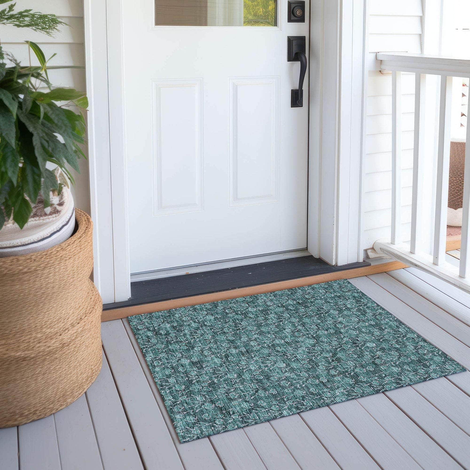 Machine Washable Teal Rug - Indoor / Outdoor - Kids / Pet Friendly Floral Print Rug