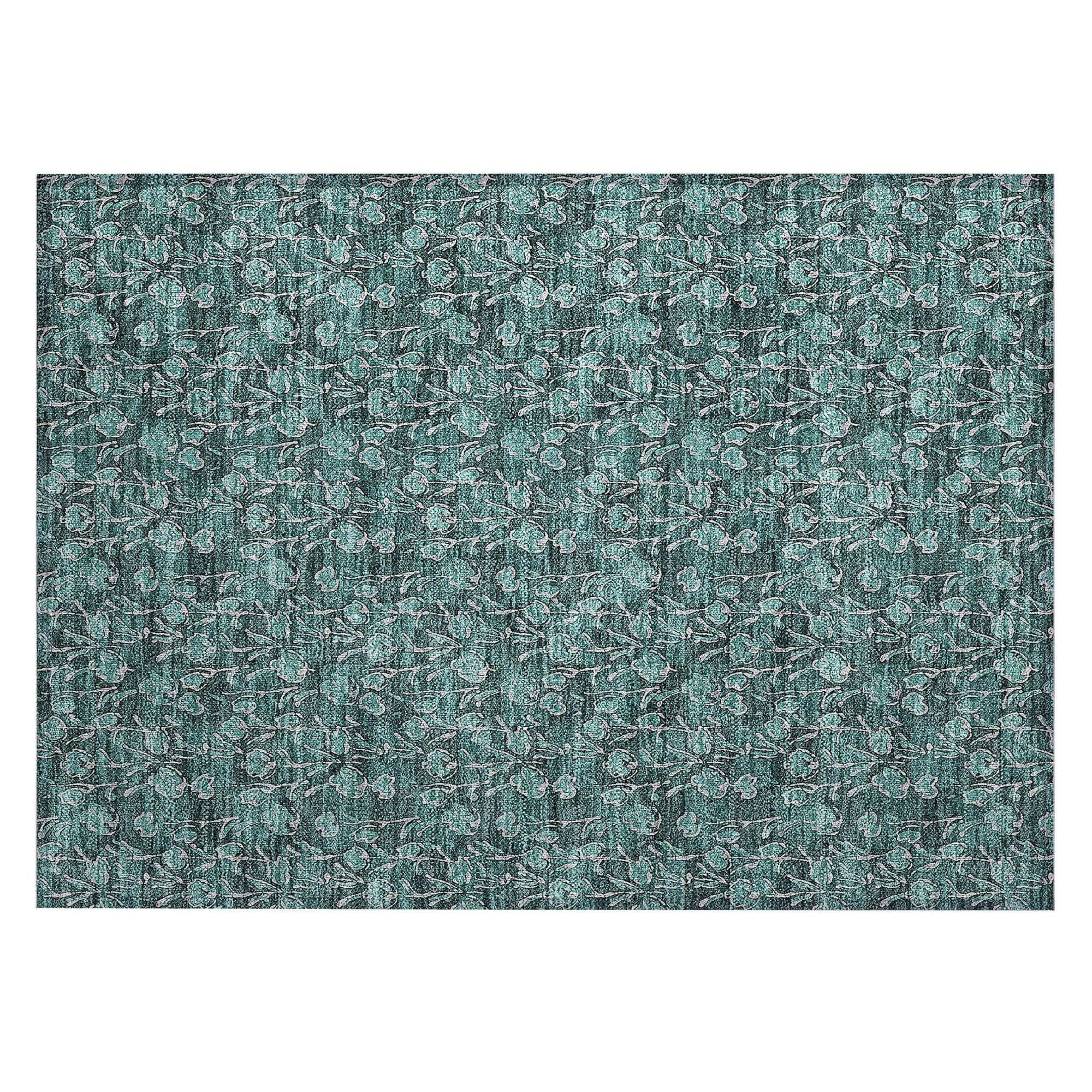Machine Washable Teal Rug - Indoor / Outdoor - Kids / Pet Friendly Floral Print Rug