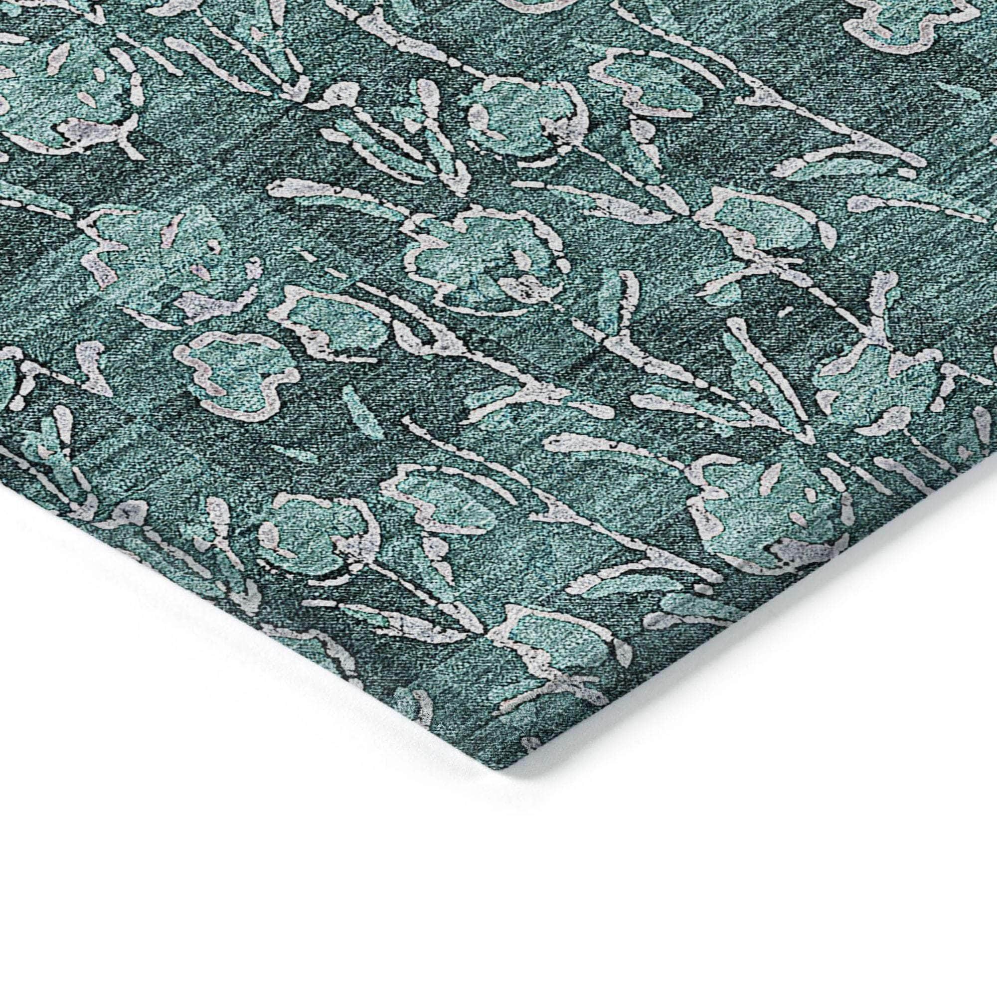 Machine Washable Teal Rug - Indoor / Outdoor - Kids / Pet Friendly Floral Print Rug