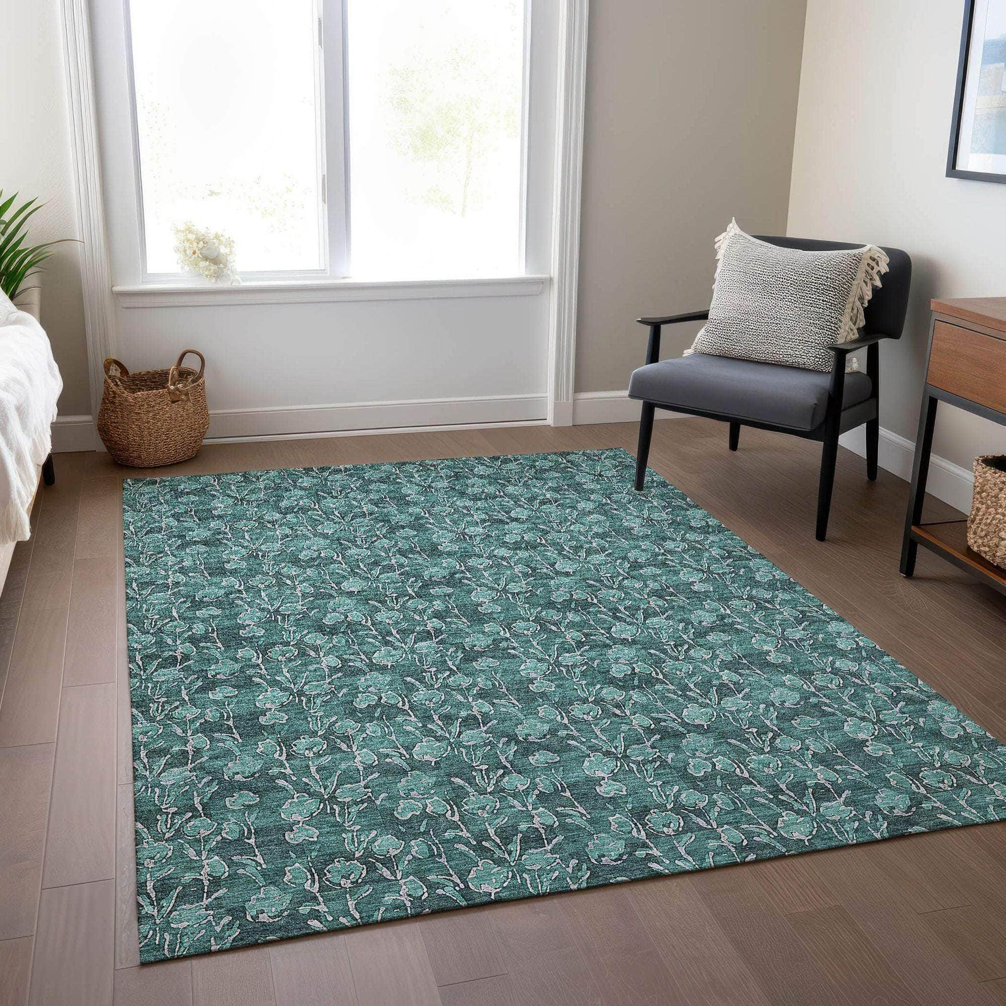 Machine Washable Teal Rug - Indoor / Outdoor - Kids / Pet Friendly Floral Print Rug
