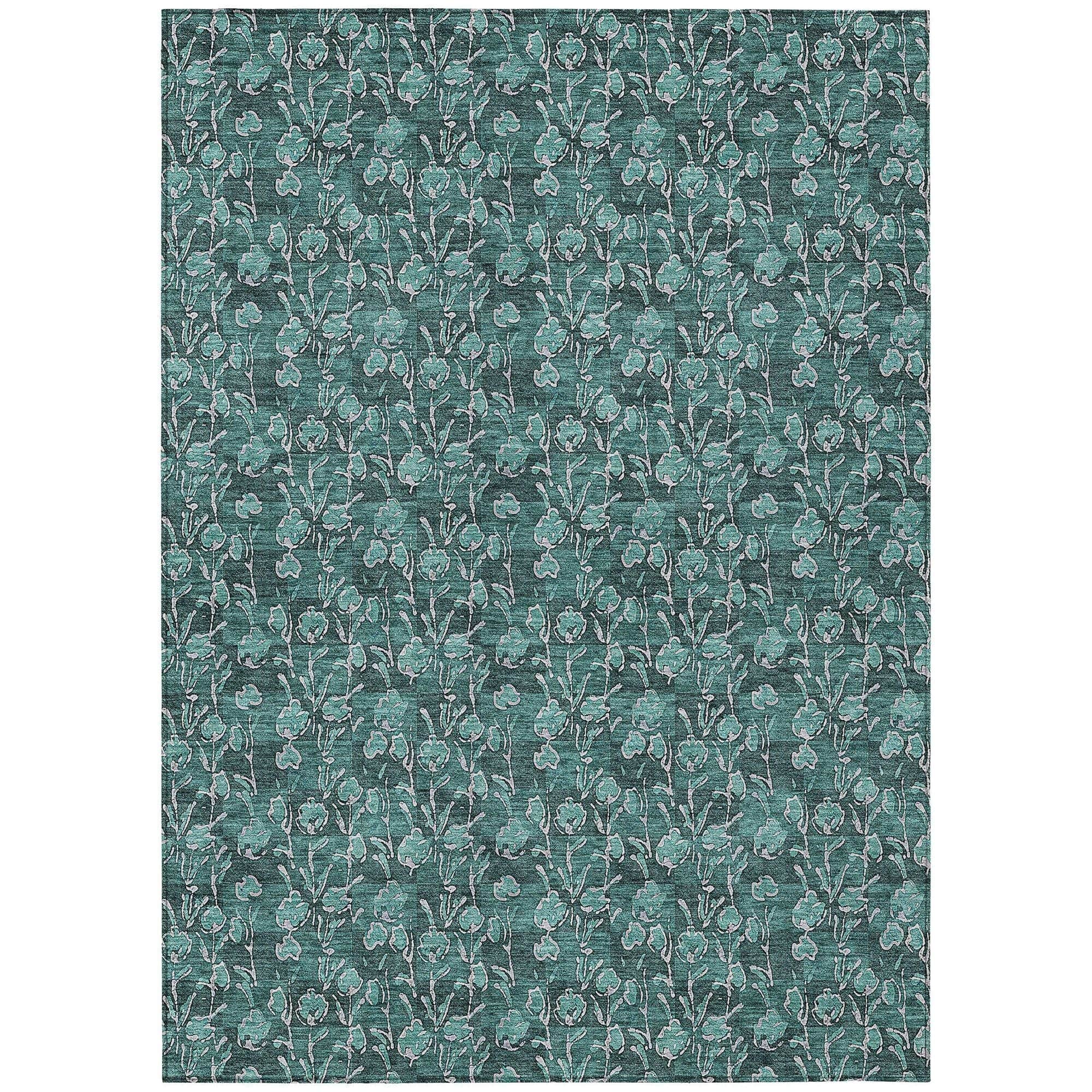 Machine Washable Teal Rug - Indoor / Outdoor - Kids / Pet Friendly Floral Print Rug