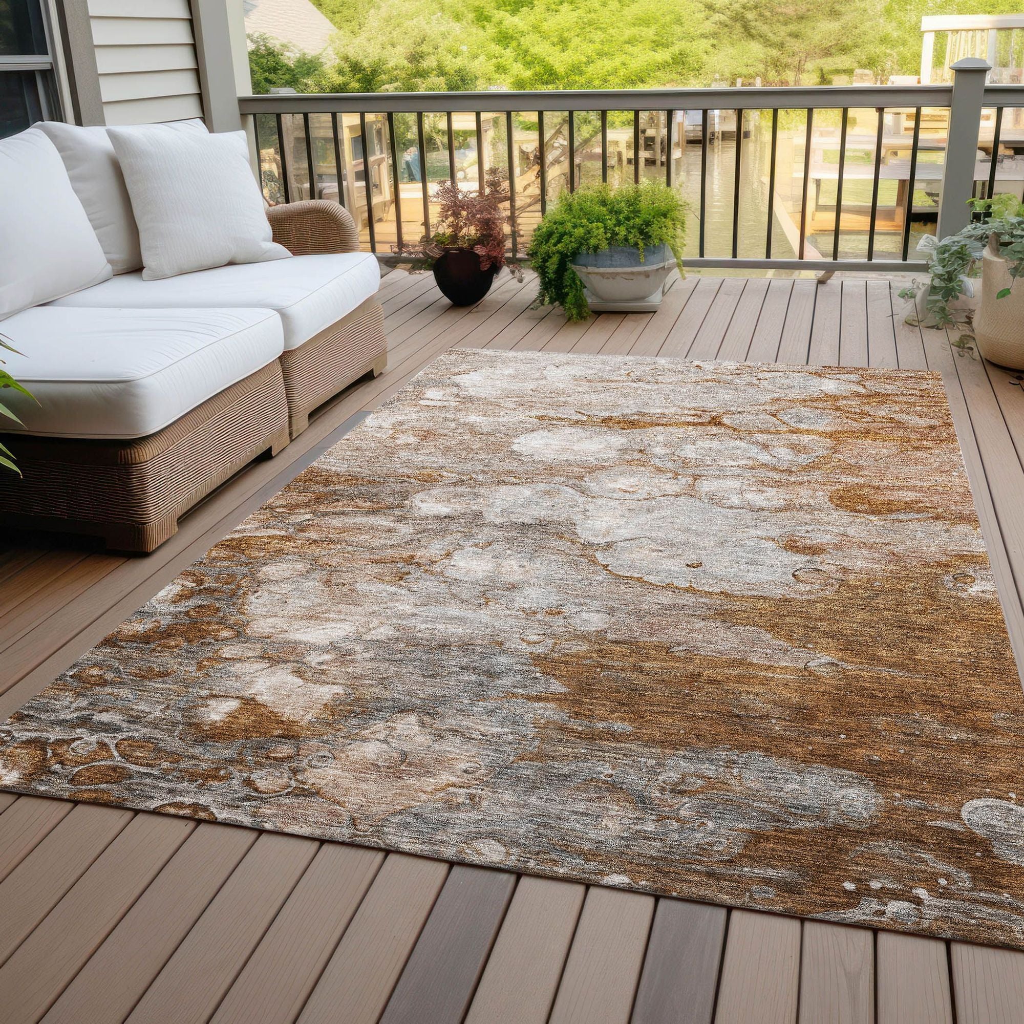 Machine Washable Terracotta Orange Rug - Indoor / Outdoor - Kids / Pet Friendly Abstract Print Rug