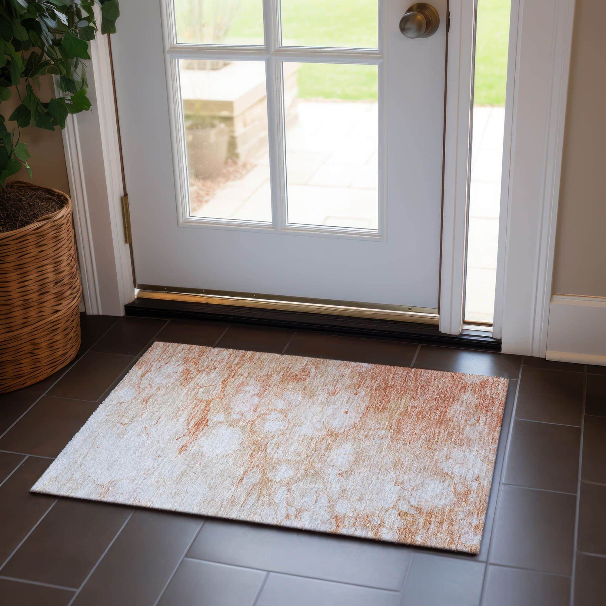 Machine Washable Coral Orange Rug - Indoor / Outdoor - Kids / Pet Friendly Abstract Print Rug