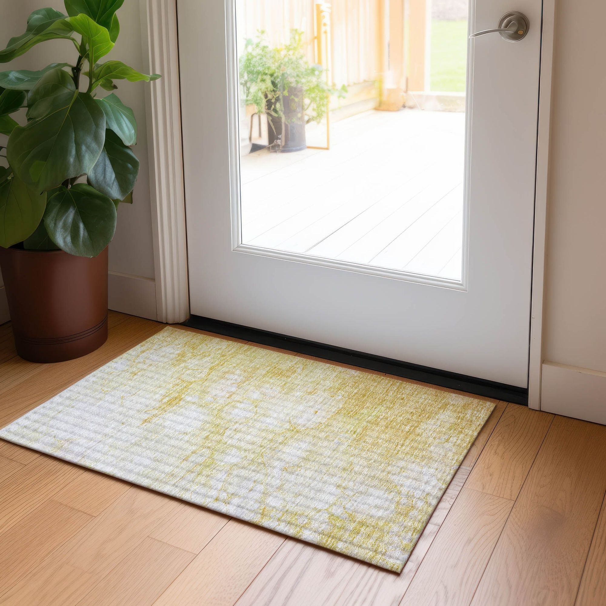 Machine Washable Gold Rug - Indoor / Outdoor - Kids / Pet Friendly Abstract Print Rug