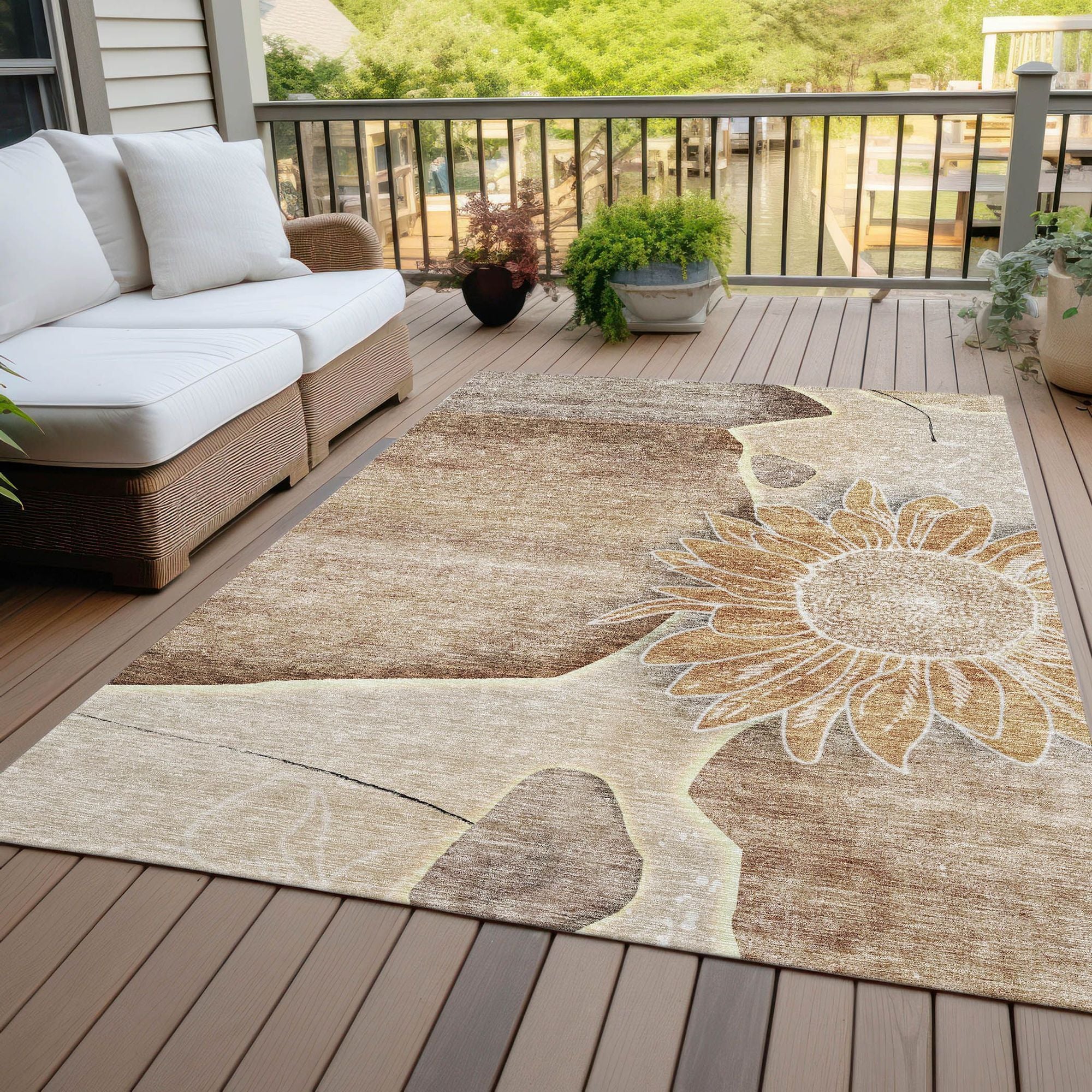 Machine Washable Brown Rug - Indoor / Outdoor - Kids / Pet Friendly Floral Print Rug