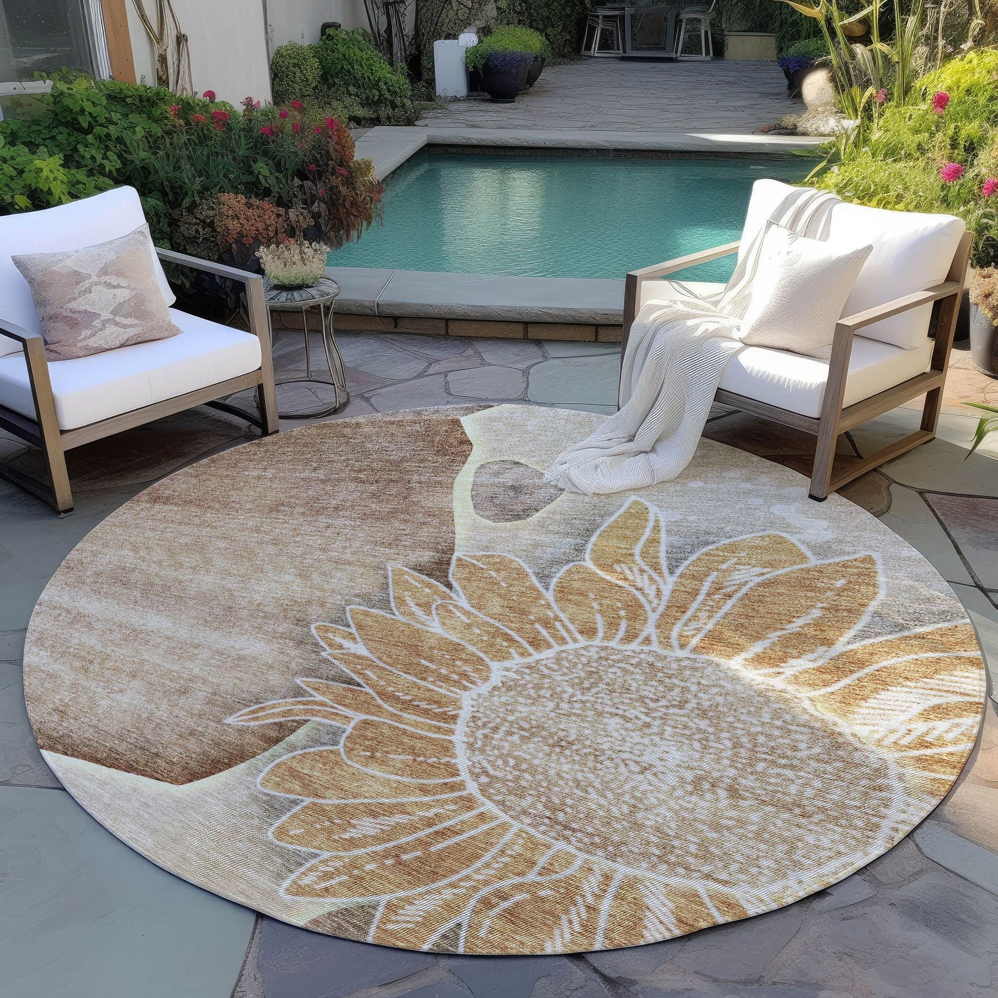 Machine Washable Brown Rug - Indoor / Outdoor - Kids / Pet Friendly Floral Print Rug