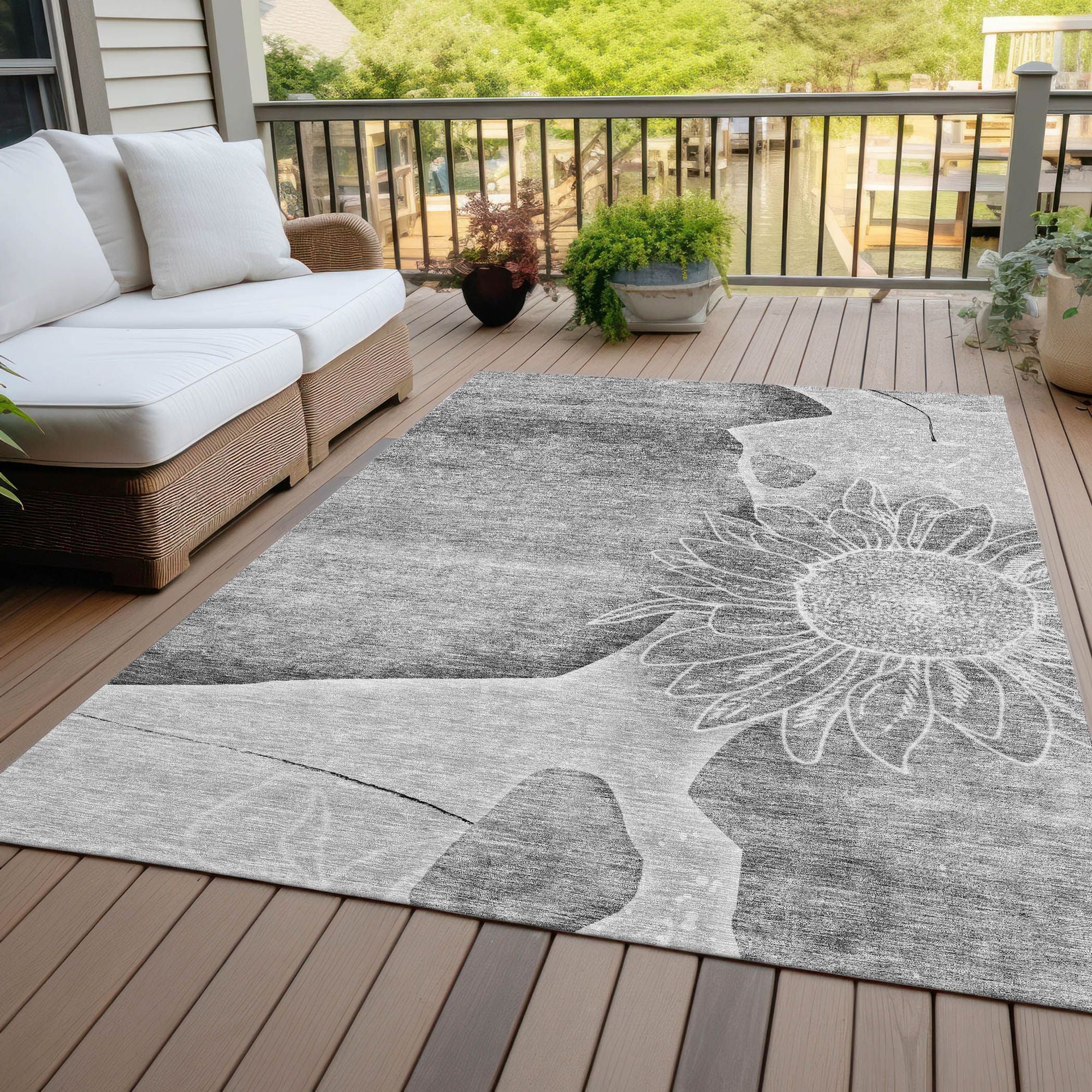 Machine Washable Gray Rug - Indoor / Outdoor - Kids / Pet Friendly Floral Print Rug