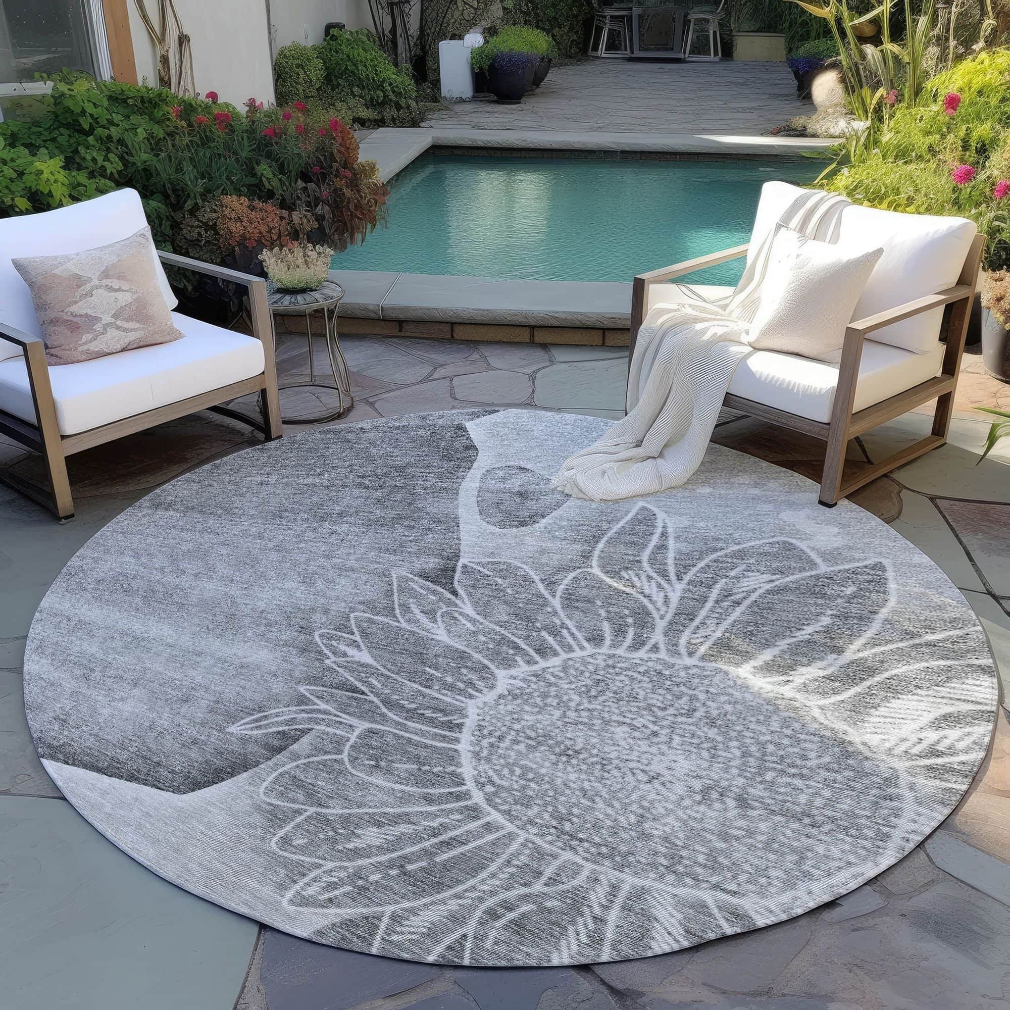 Machine Washable Gray Rug - Indoor / Outdoor - Kids / Pet Friendly Floral Print Rug