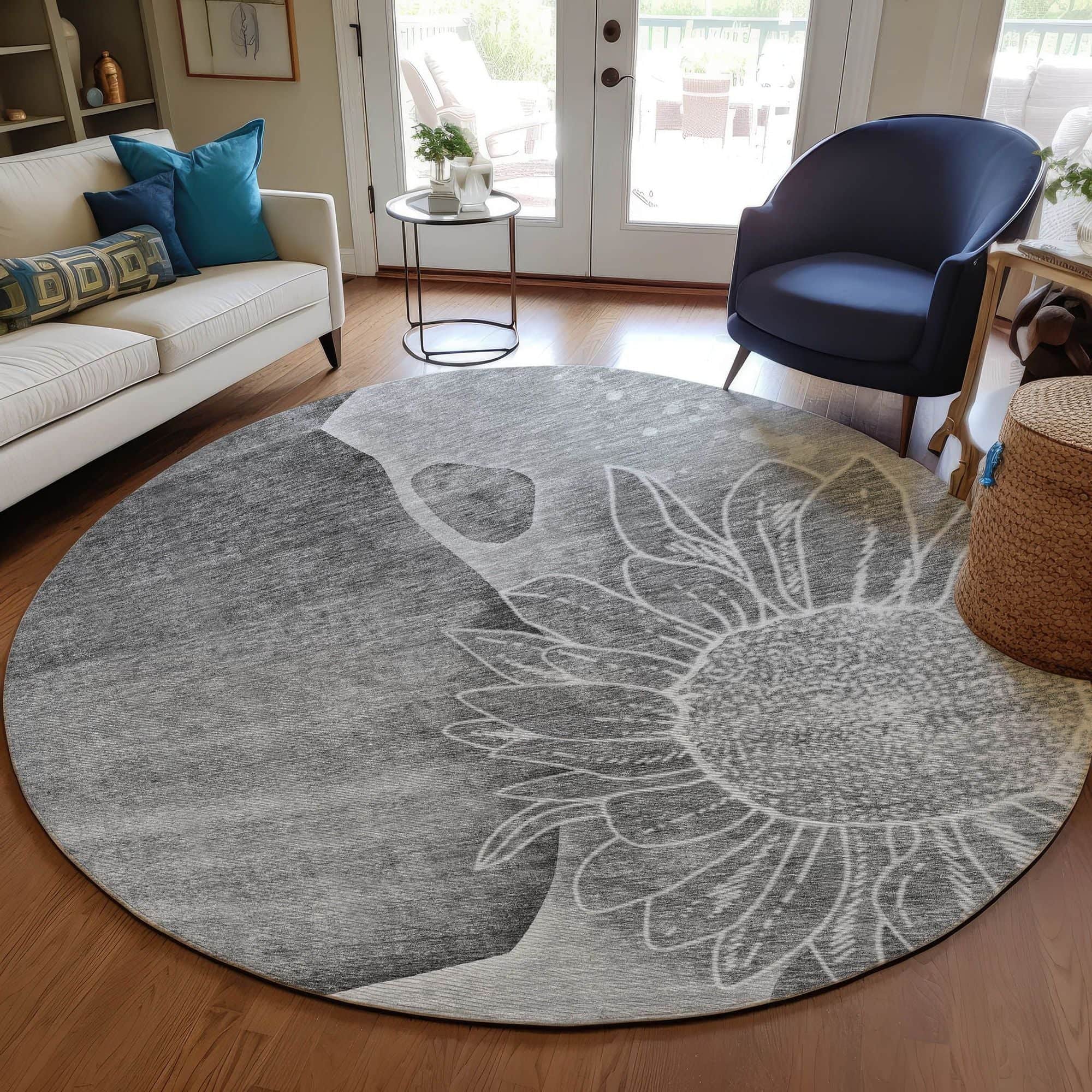 Machine Washable Gray Rug - Indoor / Outdoor - Kids / Pet Friendly Floral Print Rug