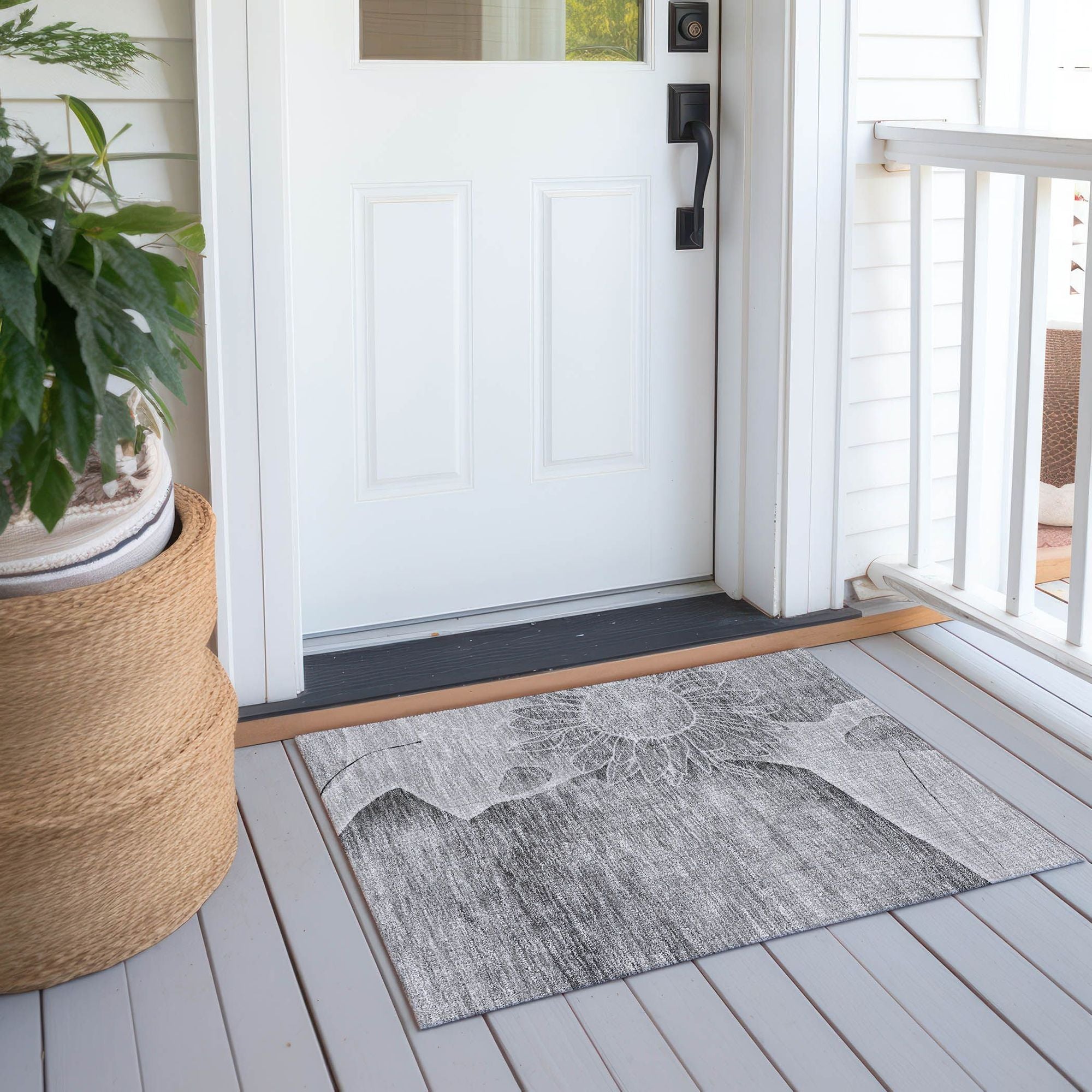 Machine Washable Gray Rug - Indoor / Outdoor - Kids / Pet Friendly Floral Print Rug