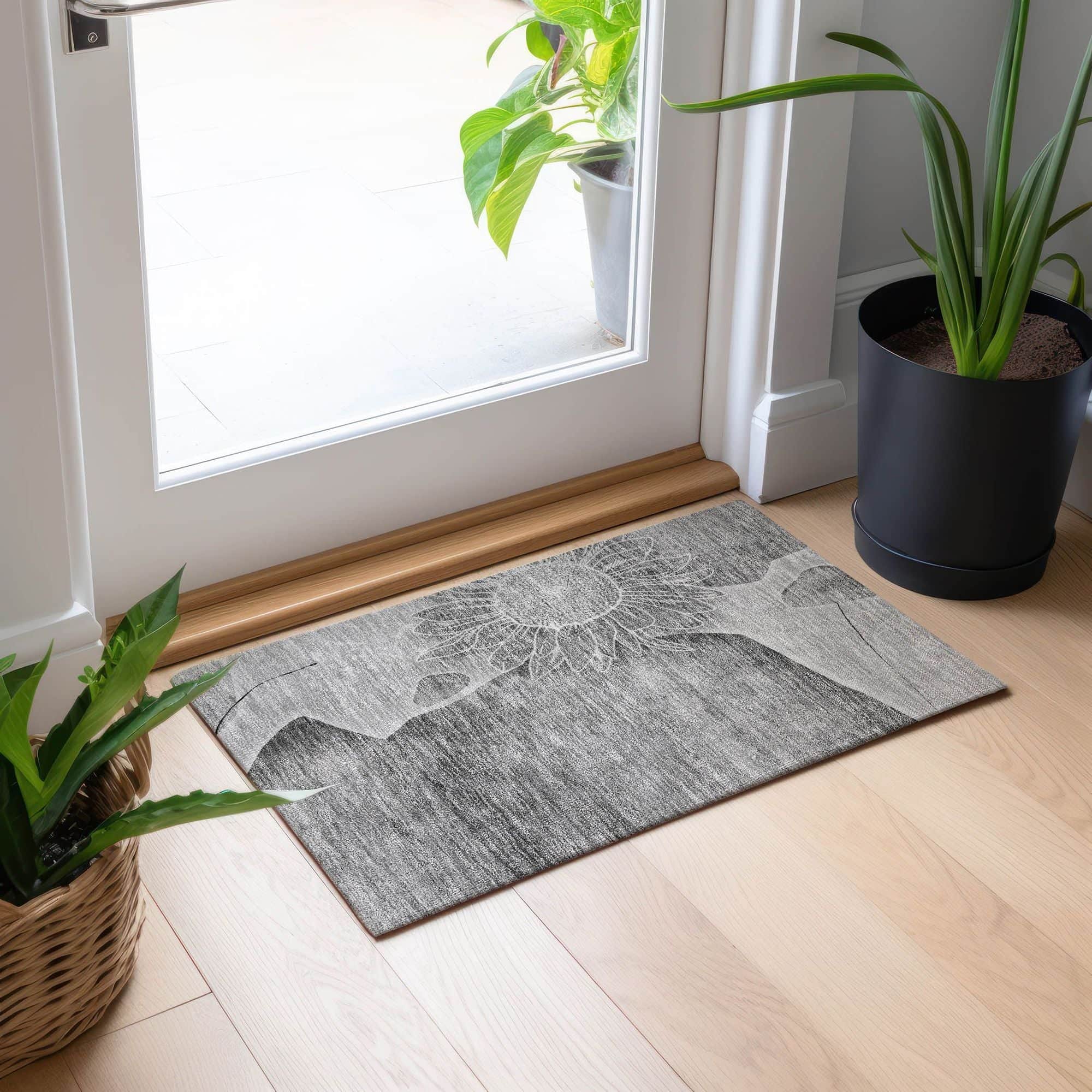Machine Washable Gray Rug - Indoor / Outdoor - Kids / Pet Friendly Floral Print Rug