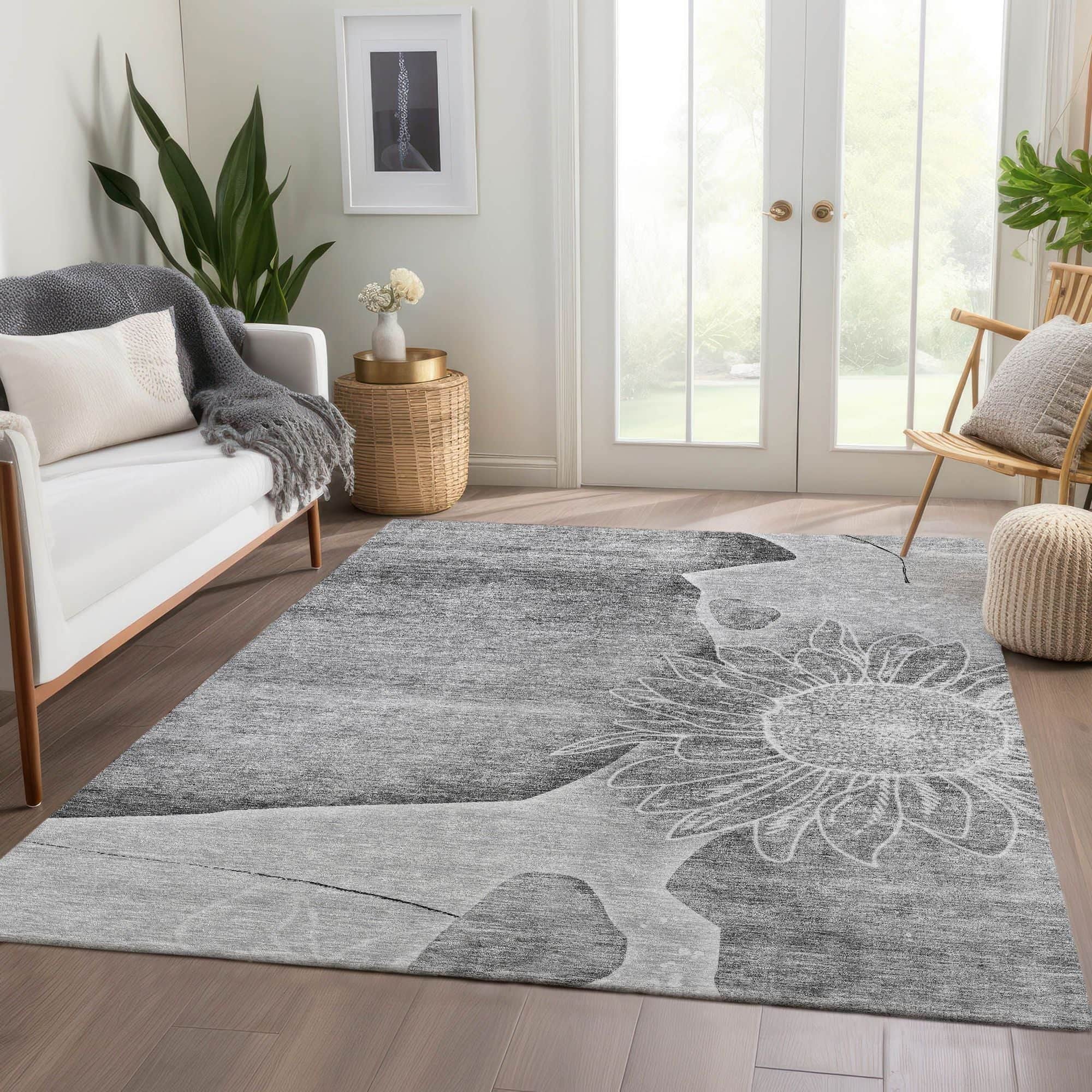 Machine Washable Gray Rug - Indoor / Outdoor - Kids / Pet Friendly Floral Print Rug