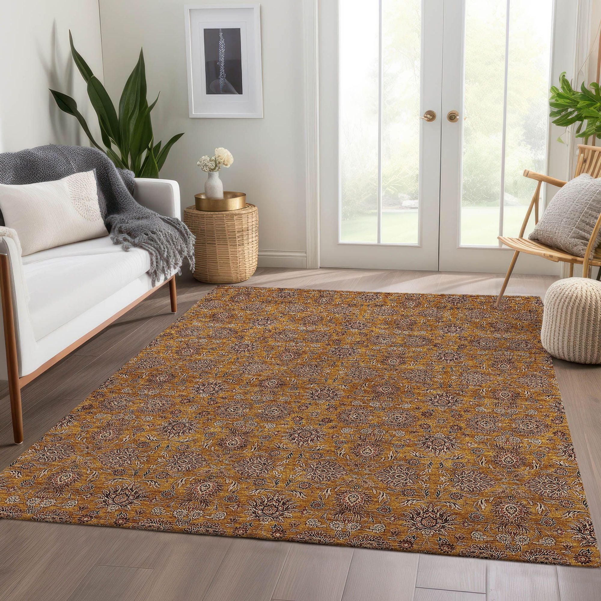 Machine Washable Copper Orange Rug - Indoor / Outdoor - Kids / Pet Friendly Floral Print Rug