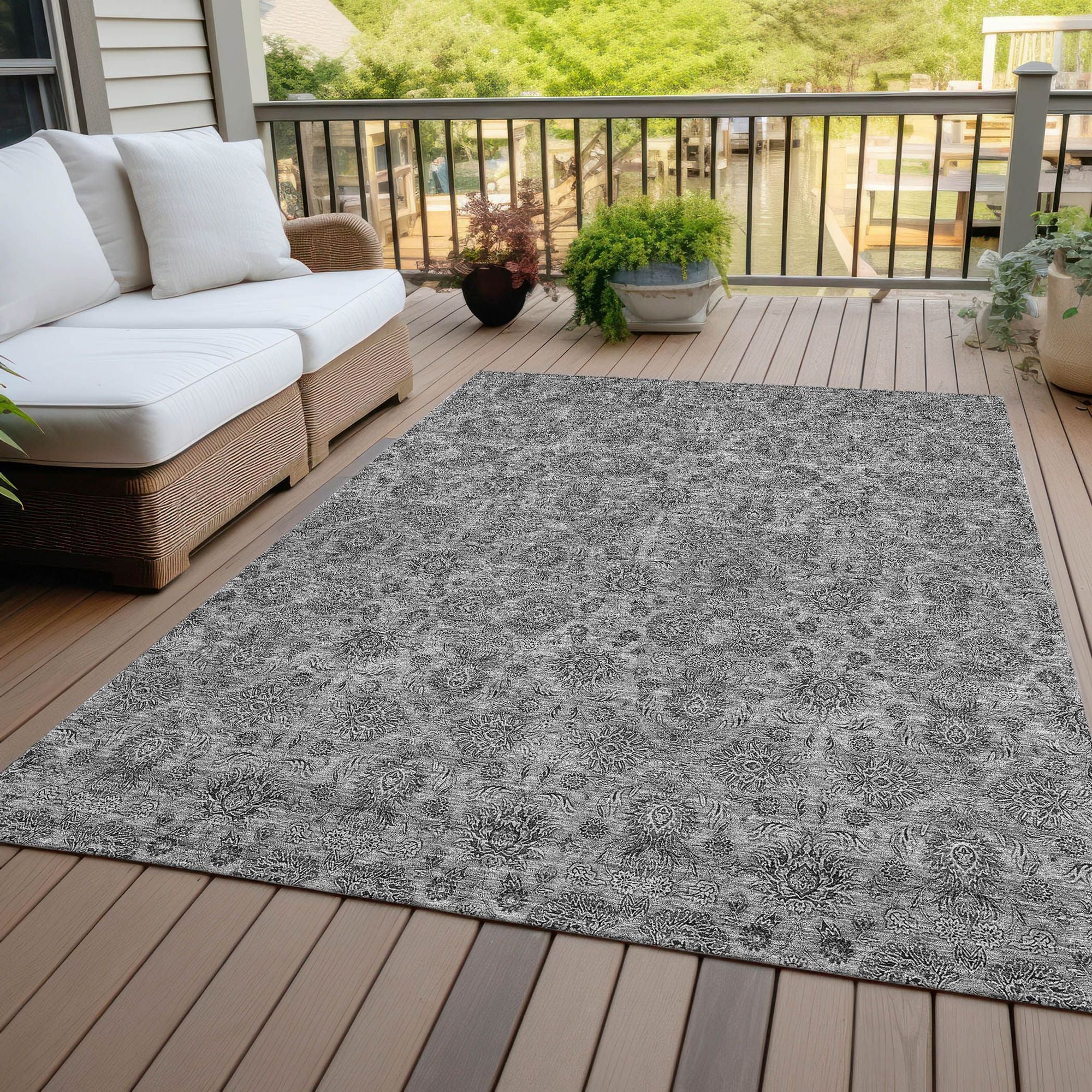 Machine Washable Gray Rug - Indoor / Outdoor - Kids / Pet Friendly Floral Print Rug