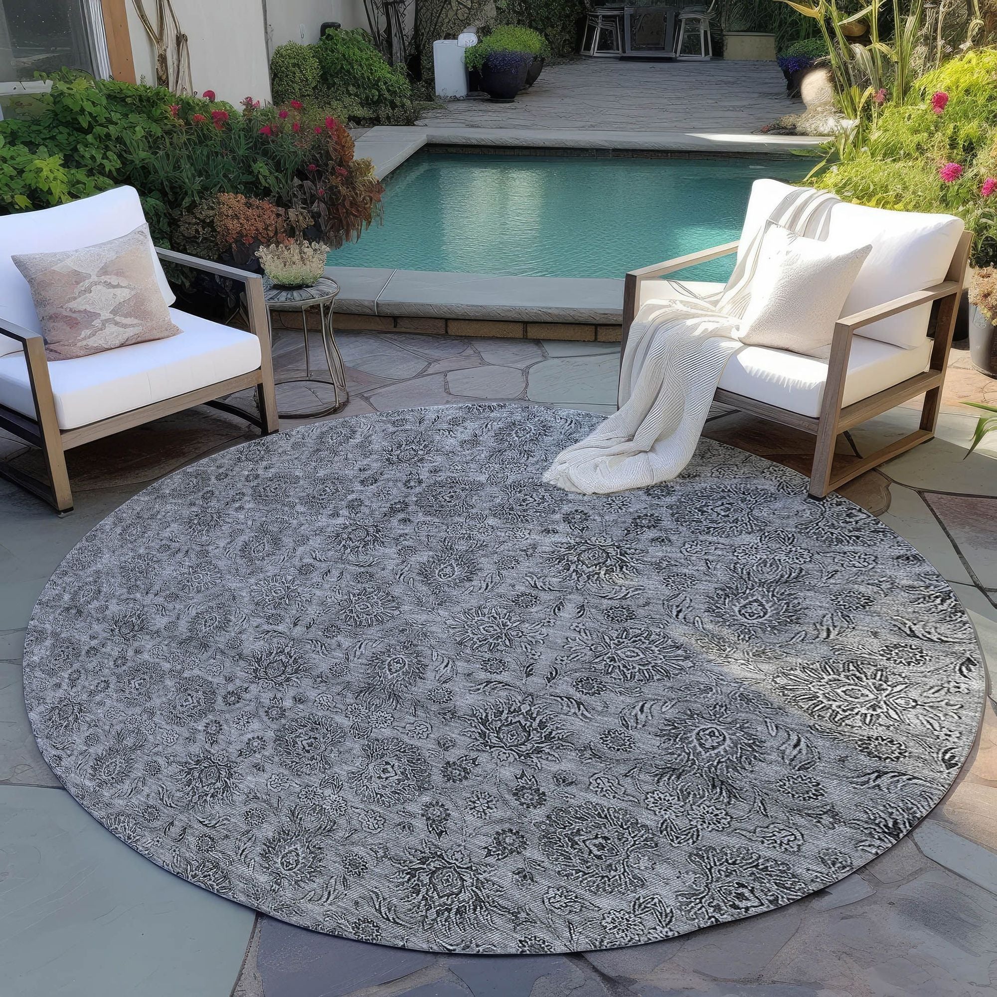 Machine Washable Gray Rug - Indoor / Outdoor - Kids / Pet Friendly Floral Print Rug