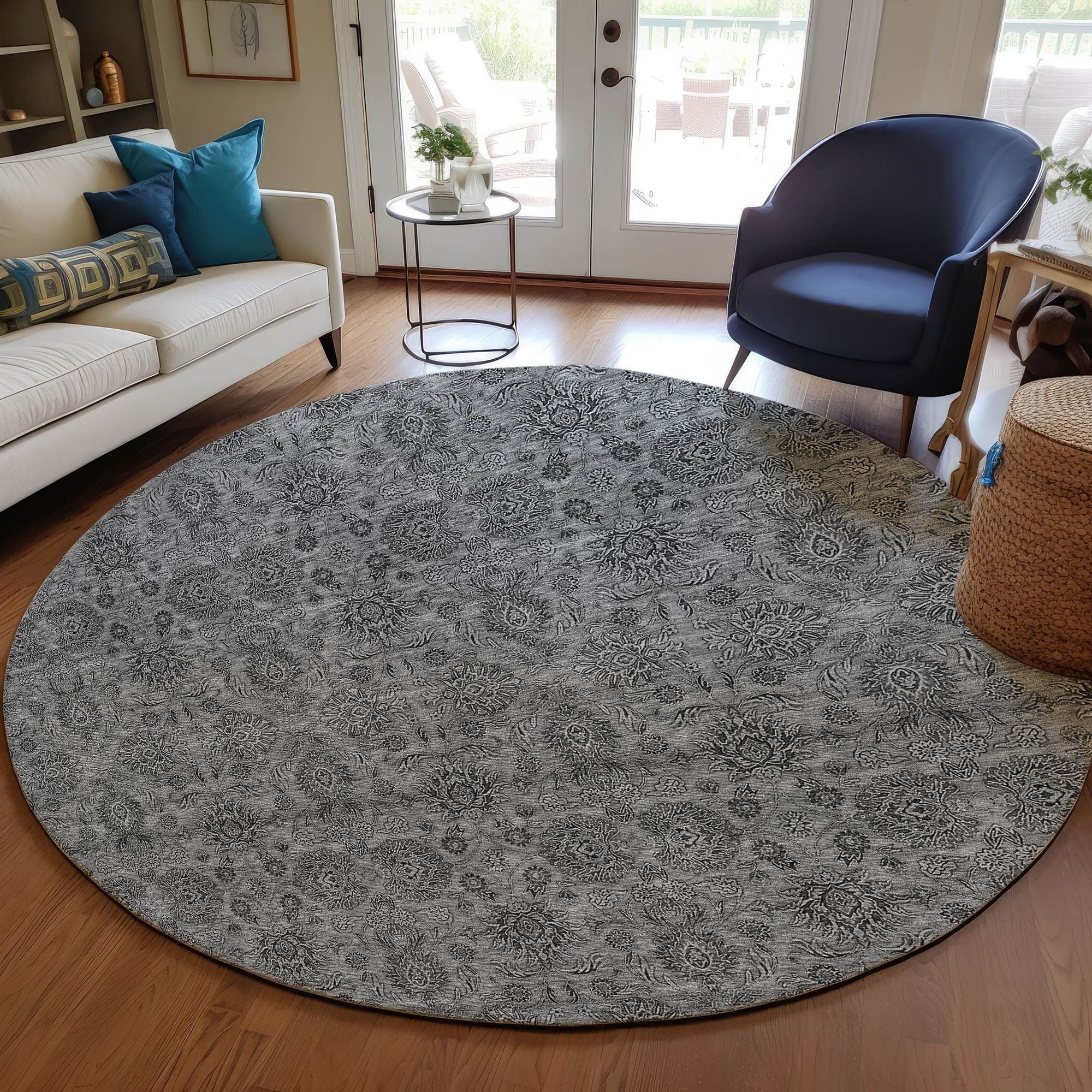 Machine Washable Gray Rug - Indoor / Outdoor - Kids / Pet Friendly Floral Print Rug