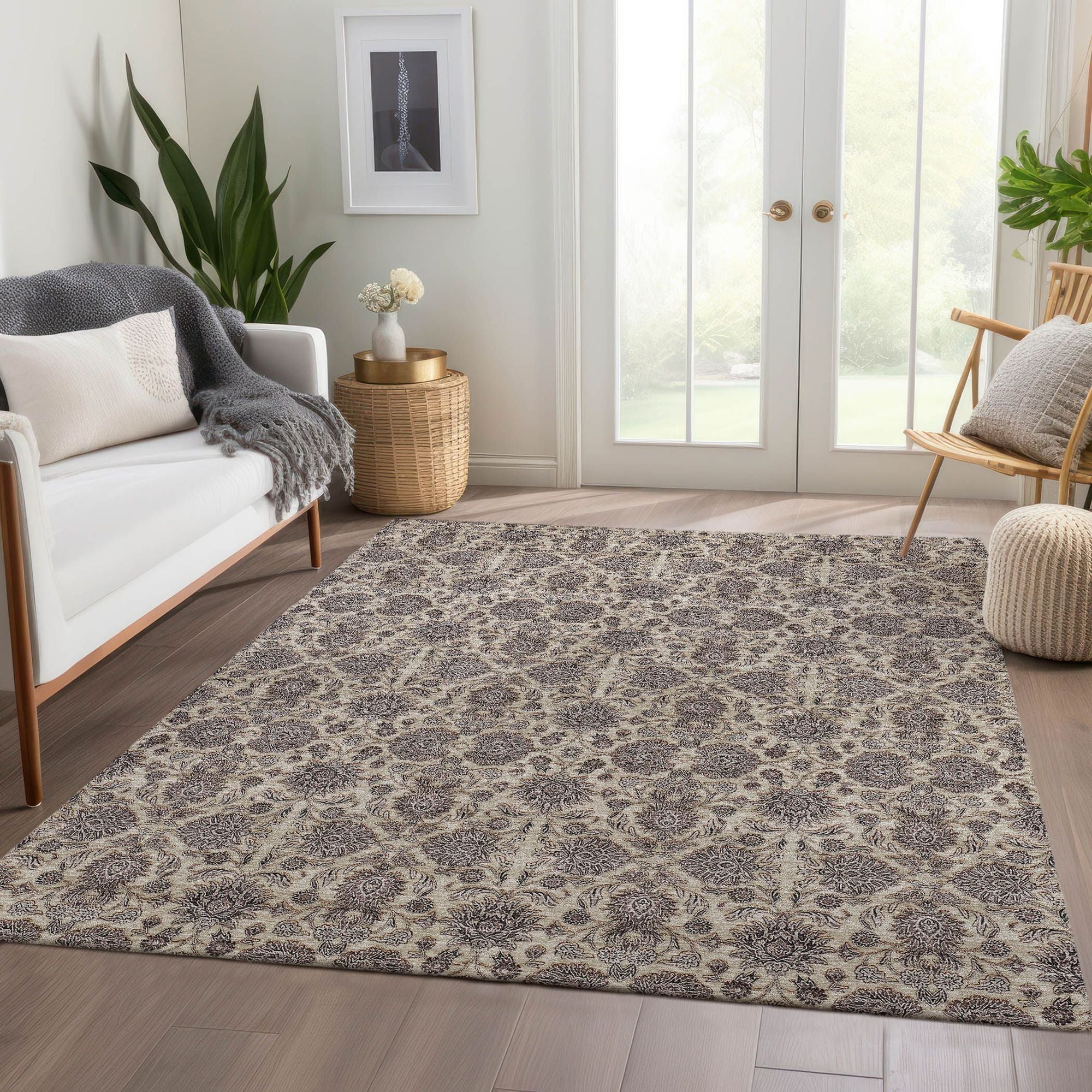 Machine Washable Ivory Rug - Indoor / Outdoor - Kids / Pet Friendly Floral Print Rug
