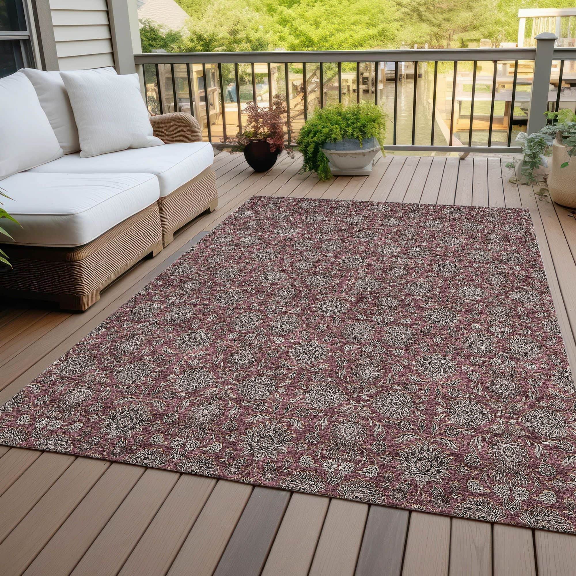 Machine Washable Merlot Red Rug - Indoor / Outdoor - Kids / Pet Friendly Floral Print Rug