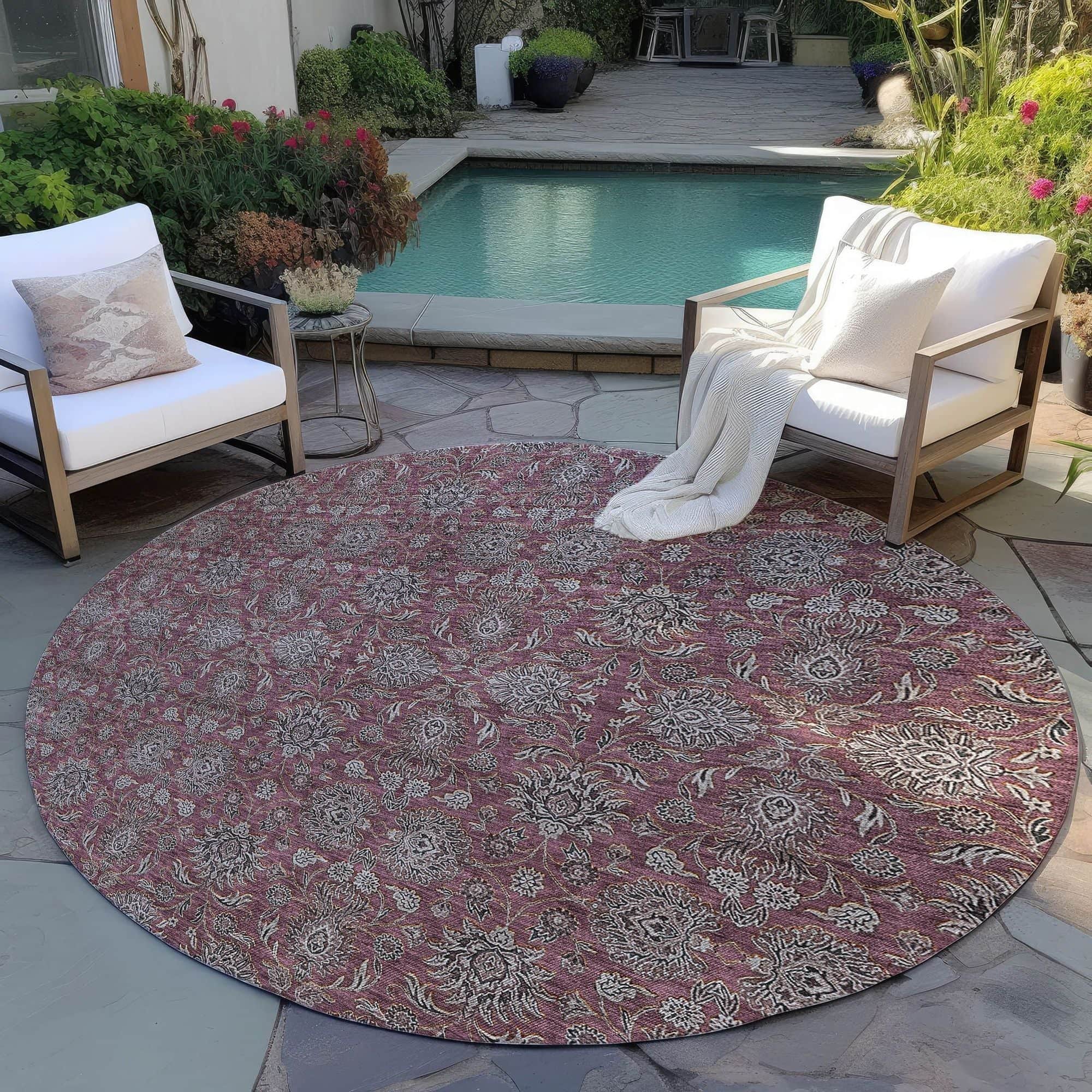 Machine Washable Merlot Red Rug - Indoor / Outdoor - Kids / Pet Friendly Floral Print Rug