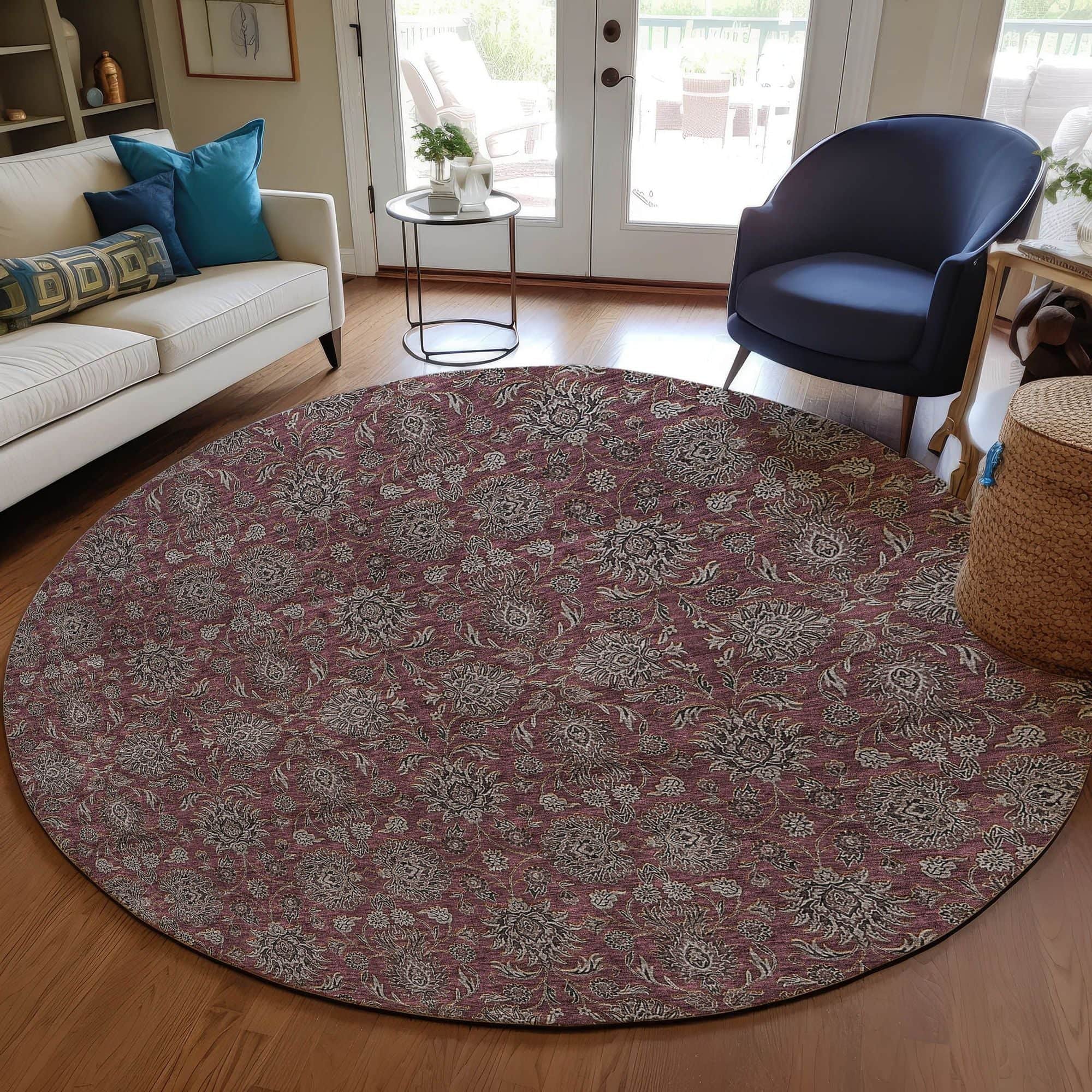 Machine Washable Merlot Red Rug - Indoor / Outdoor - Kids / Pet Friendly Floral Print Rug