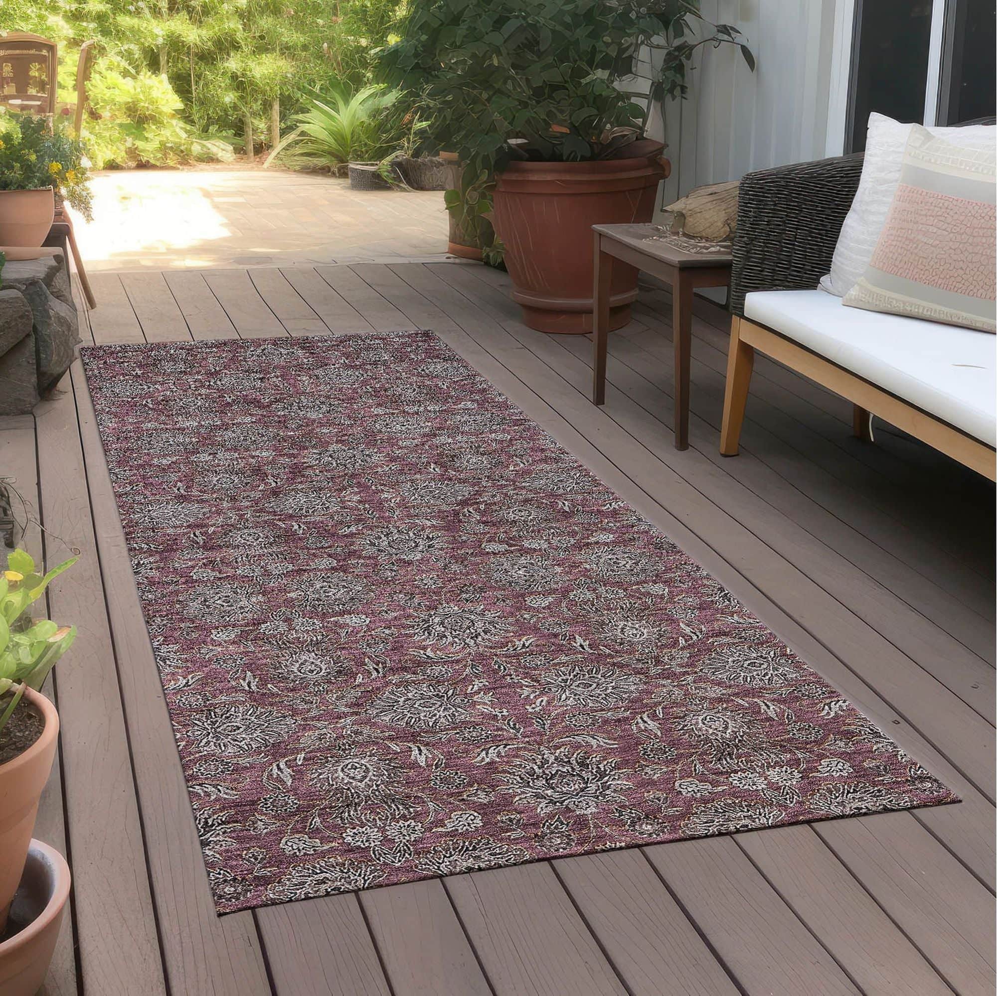 Machine Washable Merlot Red Rug - Indoor / Outdoor - Kids / Pet Friendly Floral Print Rug
