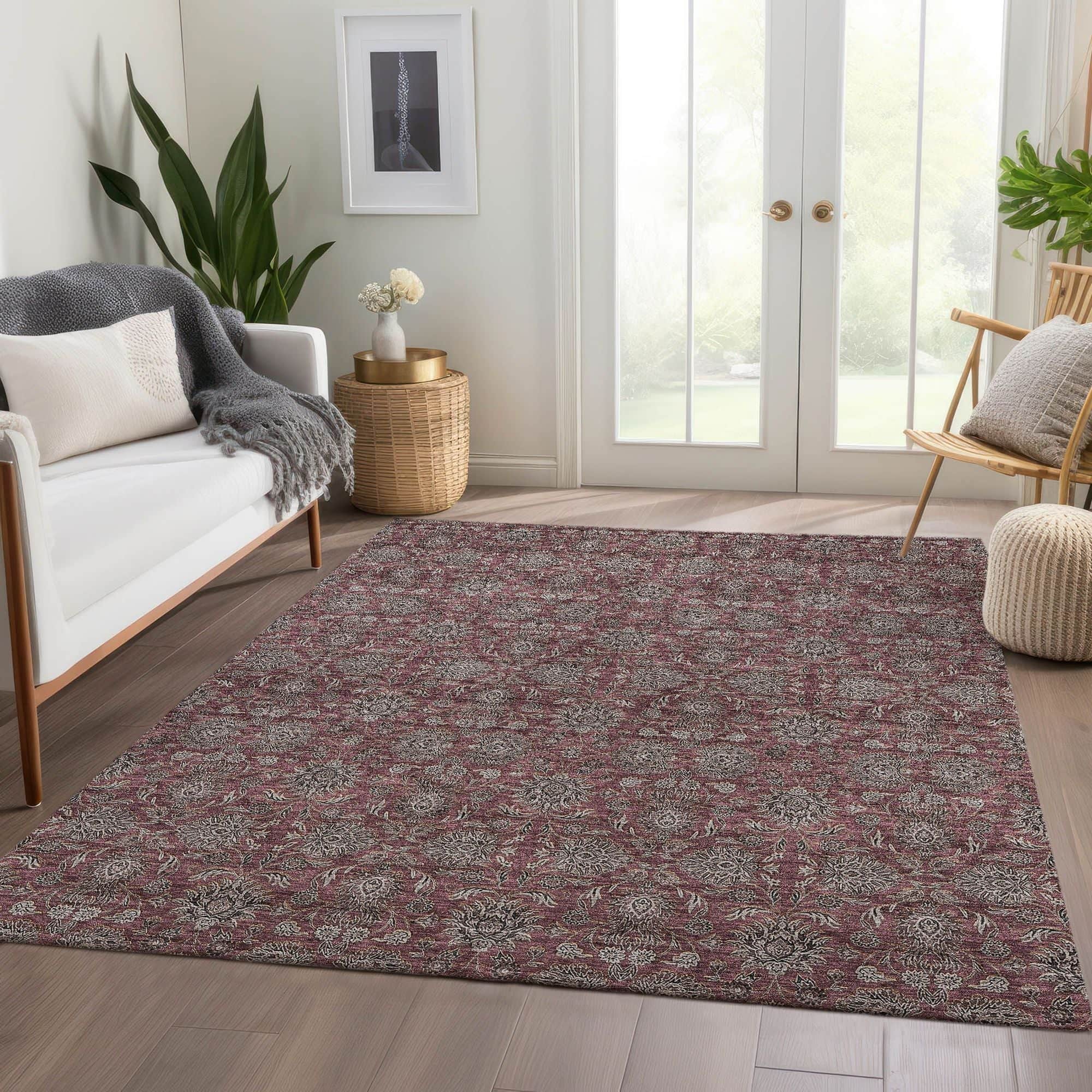 Machine Washable Merlot Red Rug - Indoor / Outdoor - Kids / Pet Friendly Floral Print Rug