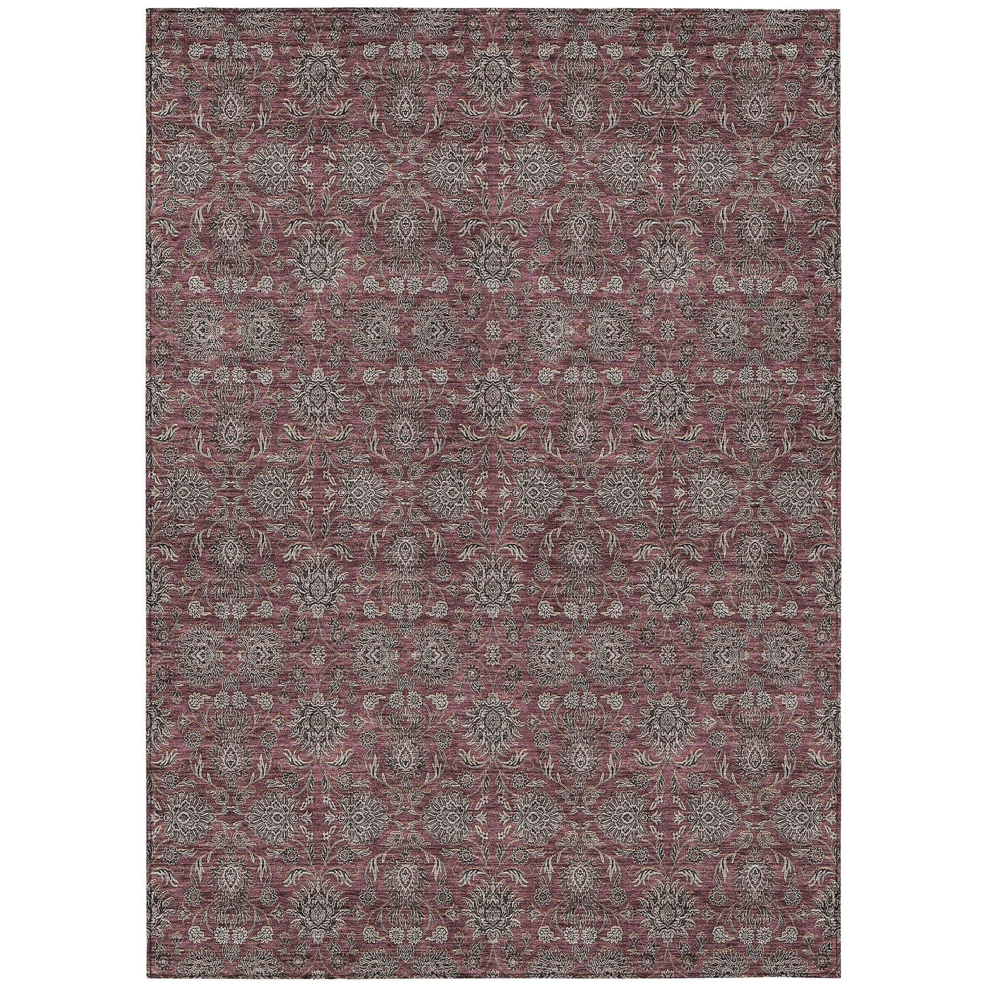 Machine Washable Merlot Red Rug - Indoor / Outdoor - Kids / Pet Friendly Floral Print Rug