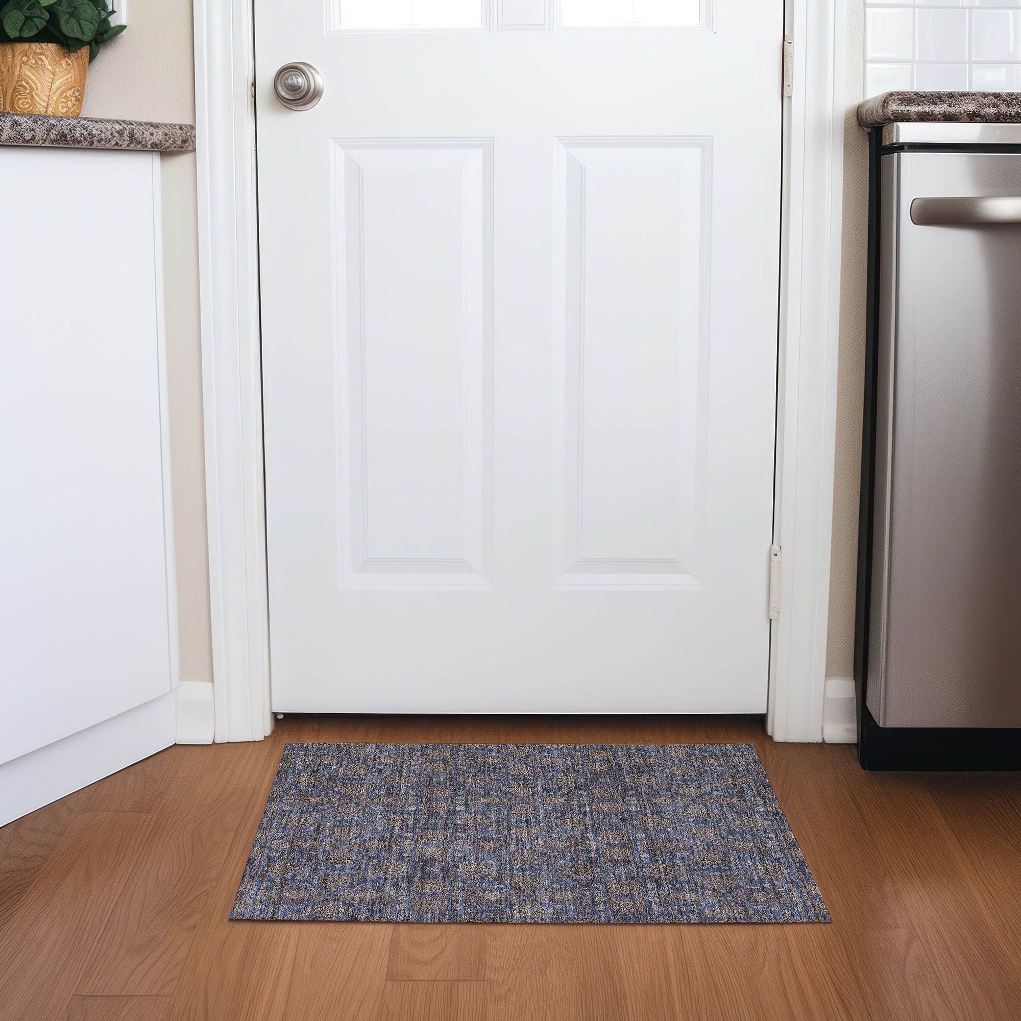 Machine Washable Navy Blue Rug - Indoor / Outdoor - Kids / Pet Friendly Floral Print Rug