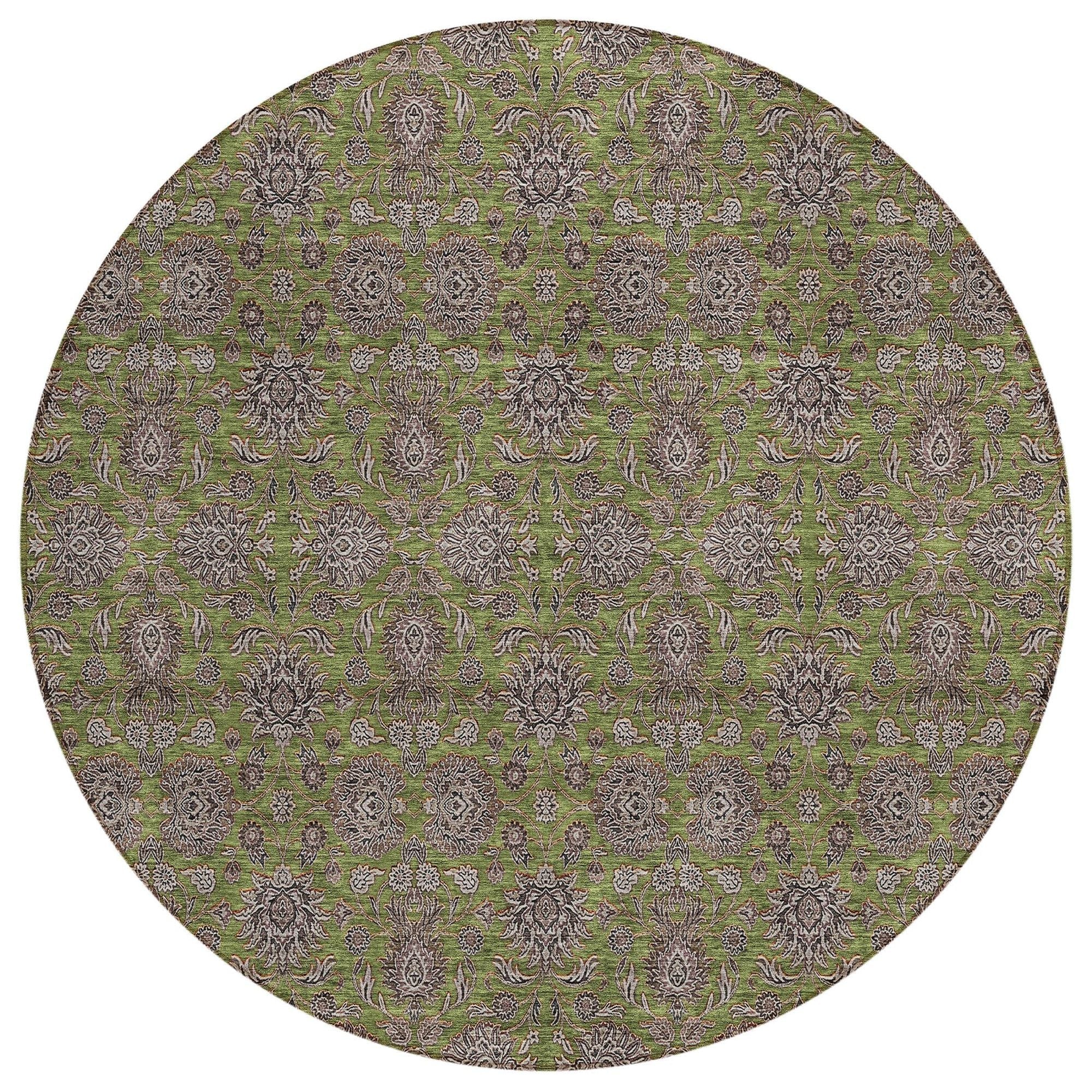 Machine Washable Olive Green Rug - Indoor / Outdoor - Kids / Pet Friendly Floral Print Rug