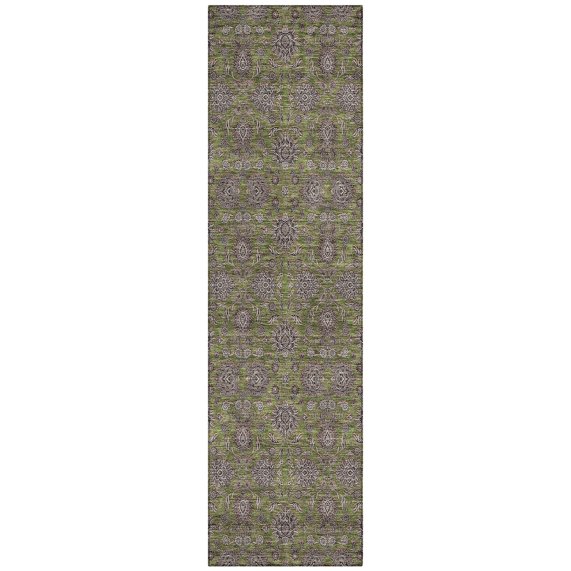 Machine Washable Olive Green Rug - Indoor / Outdoor - Kids / Pet Friendly Floral Print Rug