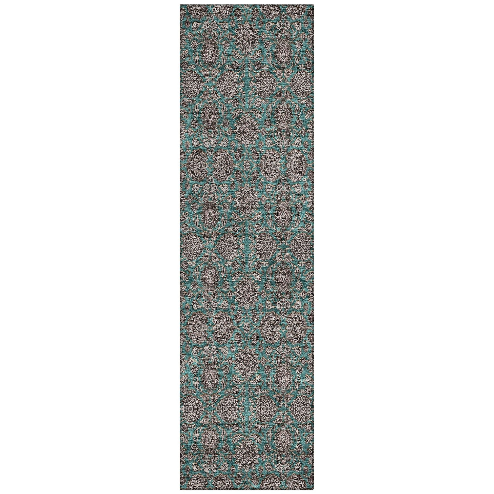 Machine Washable Teal Rug - Indoor / Outdoor - Kids / Pet Friendly Floral Print Rug