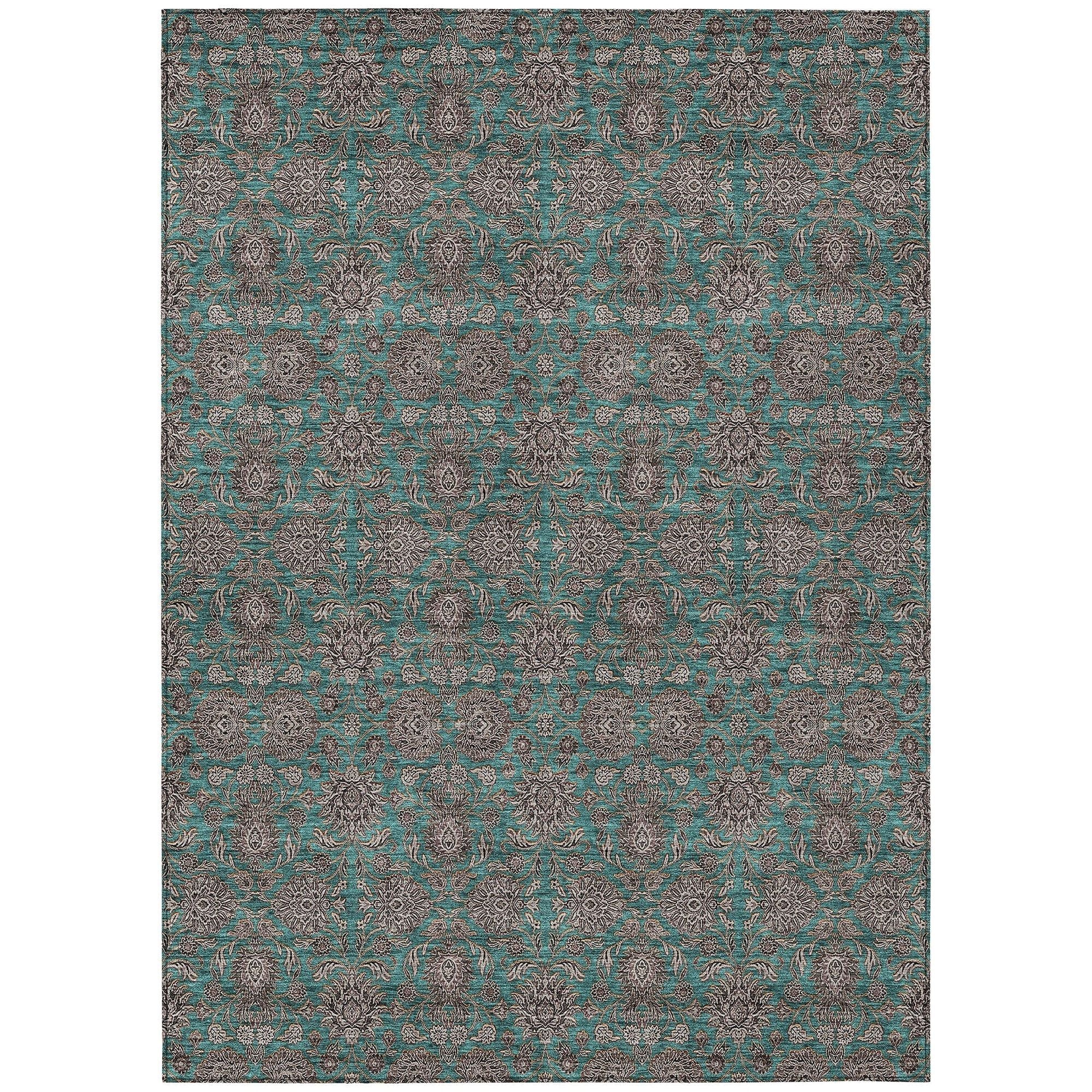 Machine Washable Teal Rug - Indoor / Outdoor - Kids / Pet Friendly Floral Print Rug