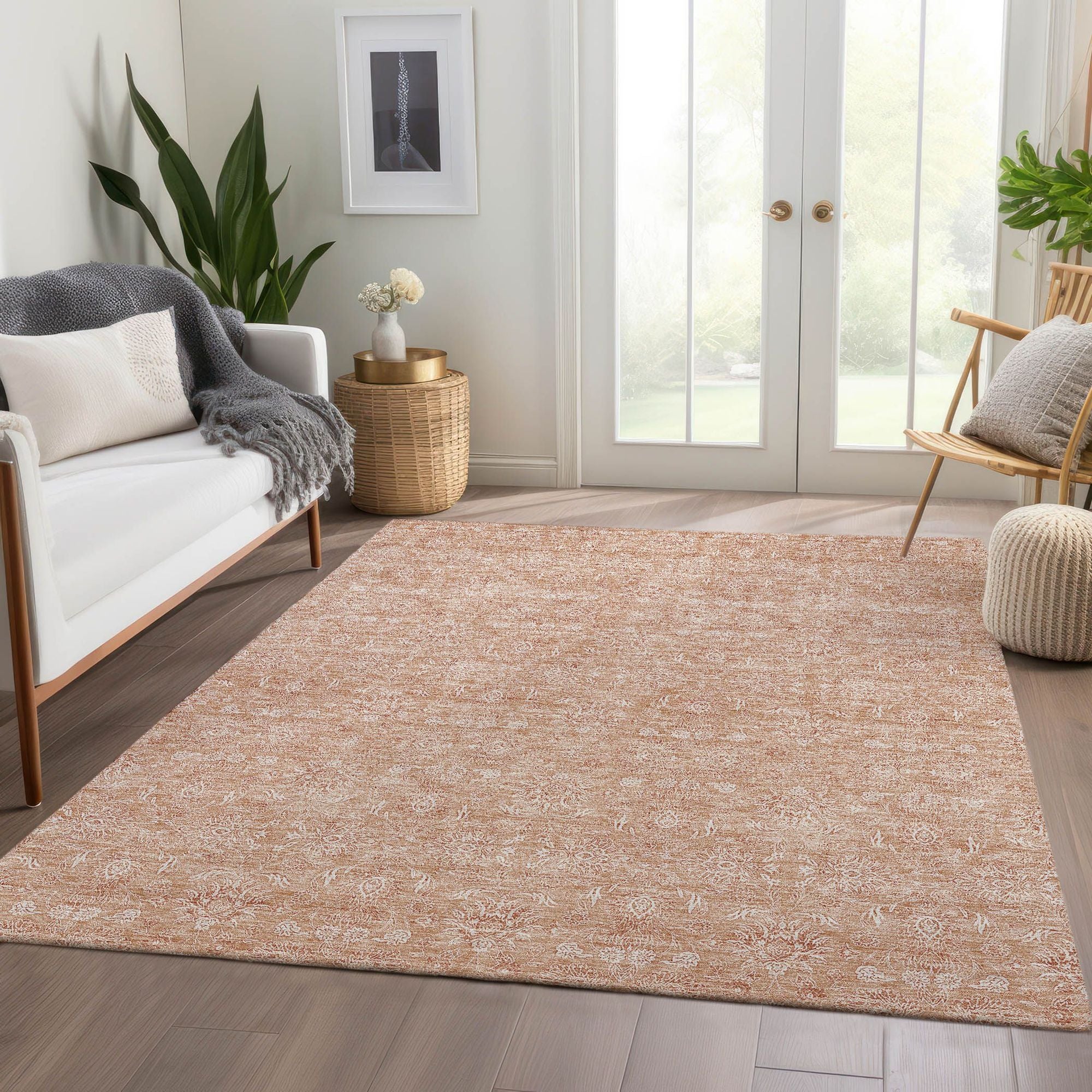 Machine Washable Coral Orange Rug - Indoor / Outdoor - Kids / Pet Friendly Floral Print Rug