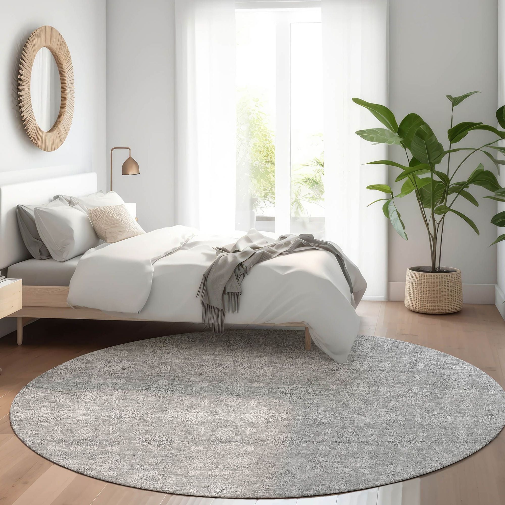 Machine Washable Gray Rug - Indoor / Outdoor - Kids / Pet Friendly Floral Print Rug