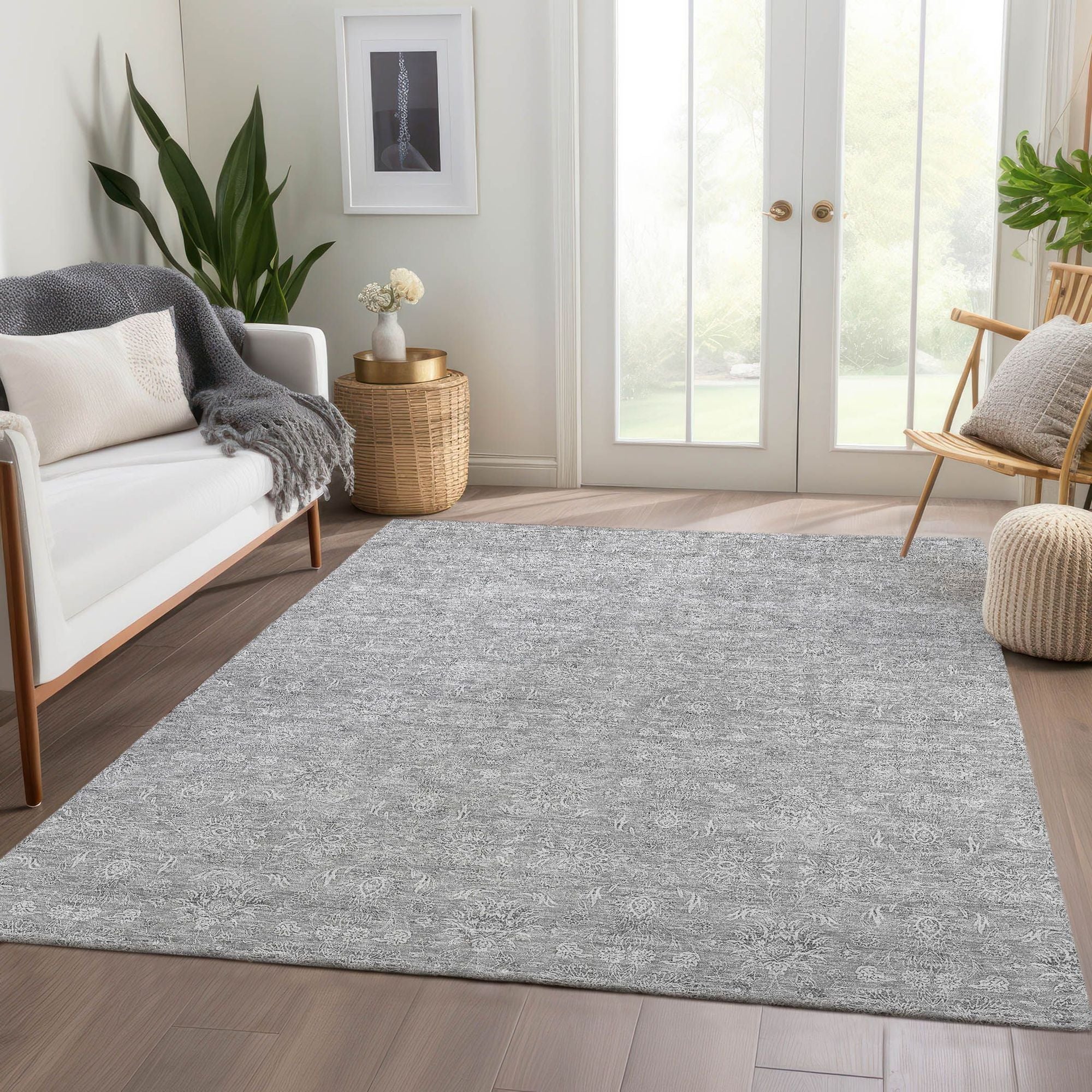 Machine Washable Gray Rug - Indoor / Outdoor - Kids / Pet Friendly Floral Print Rug